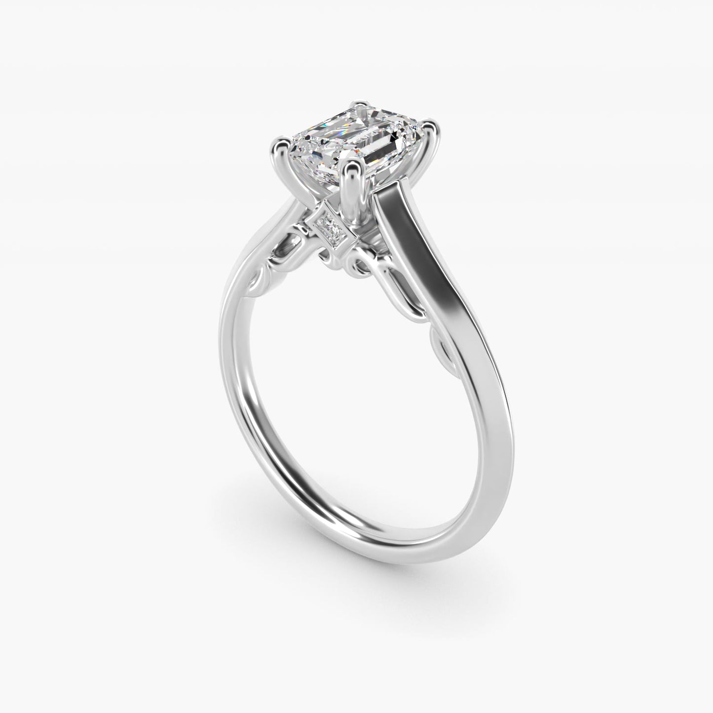 Knife Edge Scroll Solitaire Plus Diamond Engagement Ring in 14k White Gold - Emerald Center