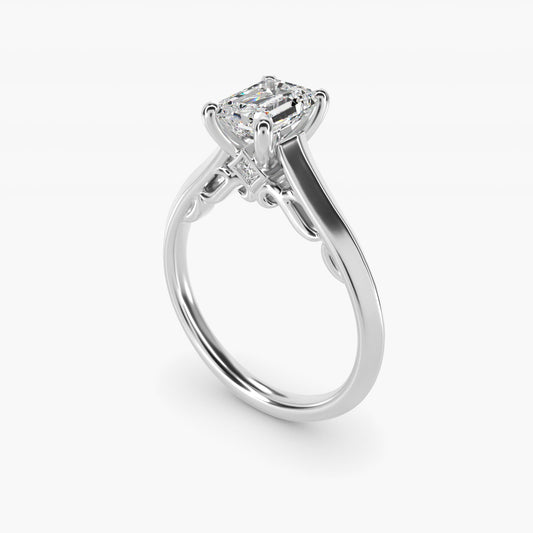 Knife Edge Scroll Solitaire Plus Diamond Engagement Ring in 14k White Gold - Emerald Center