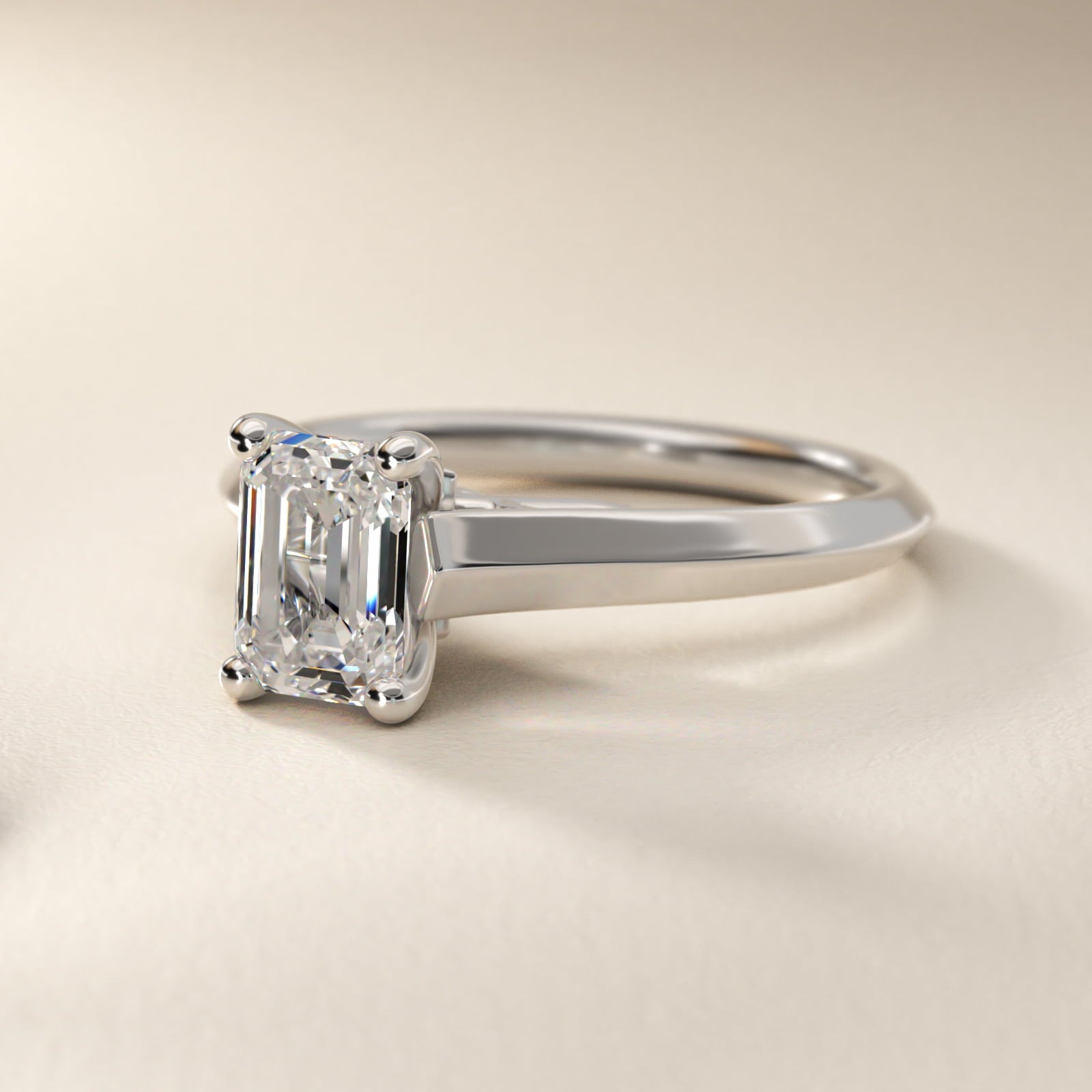 Knife Edge Scroll Solitaire Plus Diamond Engagement Ring in 18k White Gold - Emerald Center