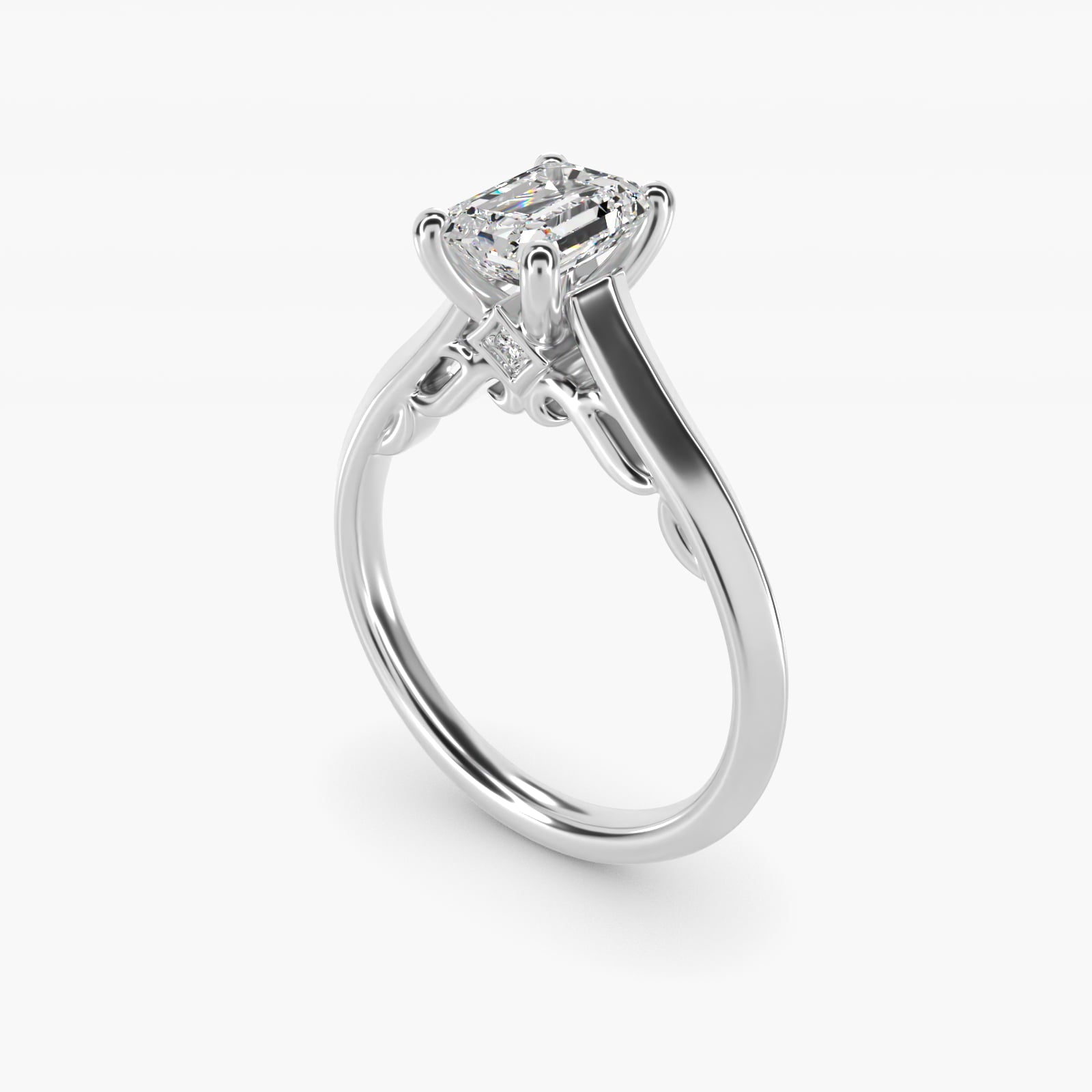 Knife Edge Scroll Solitaire Plus Diamond Engagement Ring in Platinum - Emerald Center