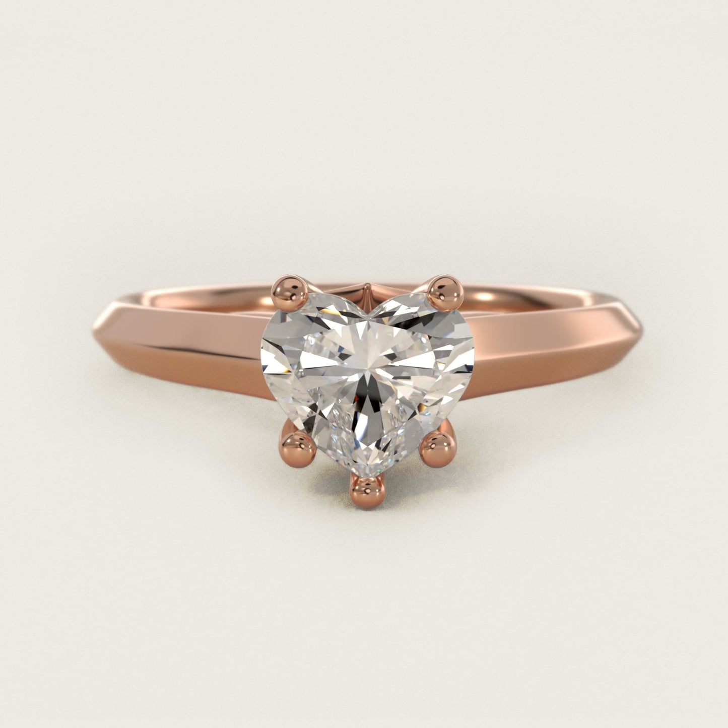 Knife Edge Scroll Solitaire Plus Diamond Engagement Ring in 14k Rose Gold - Heart Center