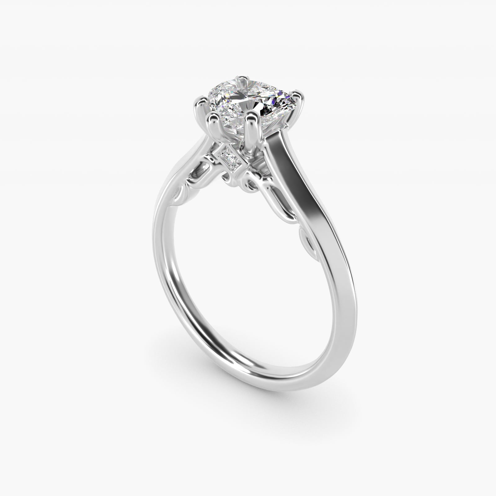 Knife Edge Scroll Solitaire Plus Diamond Engagement Ring in 18k White Gold - Heart Center