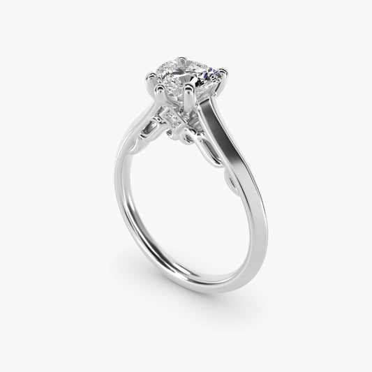 Knife Edge Scroll Solitaire Plus Diamond Engagement Ring in 18k White Gold - Heart Center