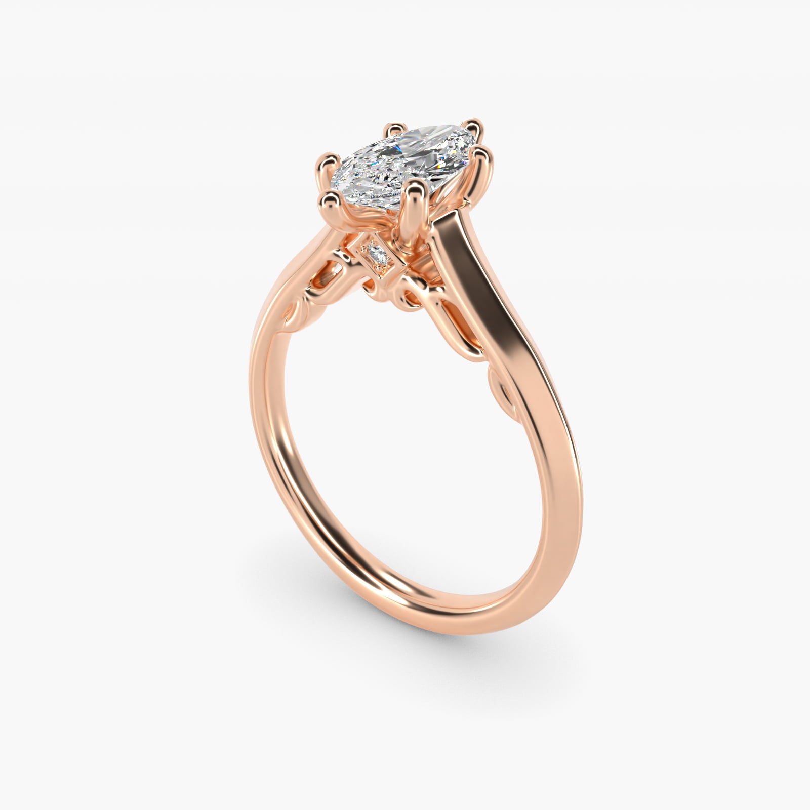 Knife Edge Scroll Solitaire Plus Diamond Engagement Ring in 18k Rose Gold - Marquise Center