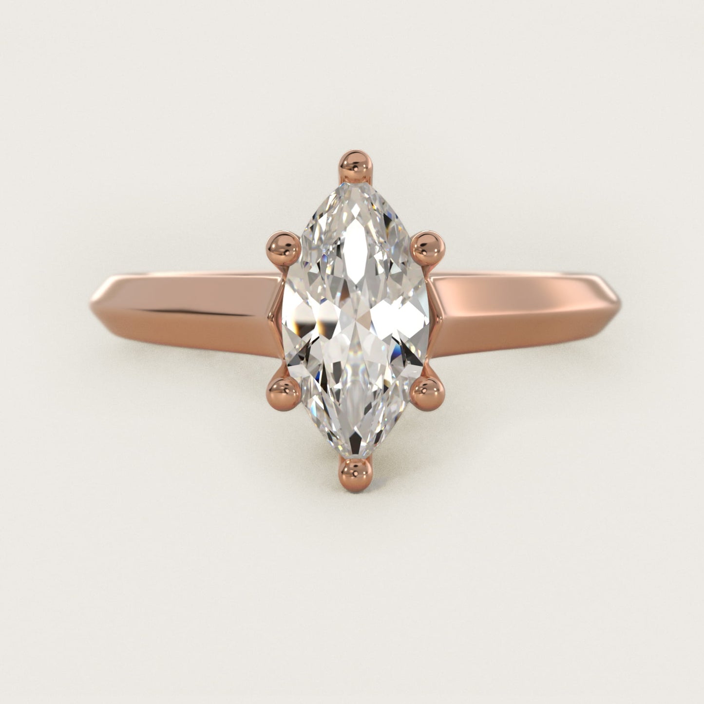 Knife Edge Scroll Solitaire Plus Diamond Engagement Ring in 18k Rose Gold - Marquise Center
