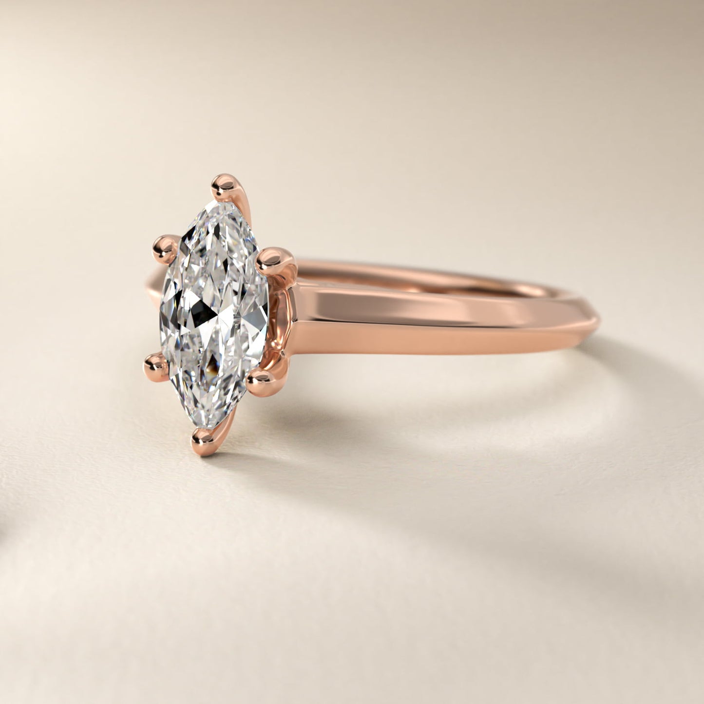 Knife Edge Scroll Solitaire Plus Diamond Engagement Ring in 14k Rose Gold - Marquise Center