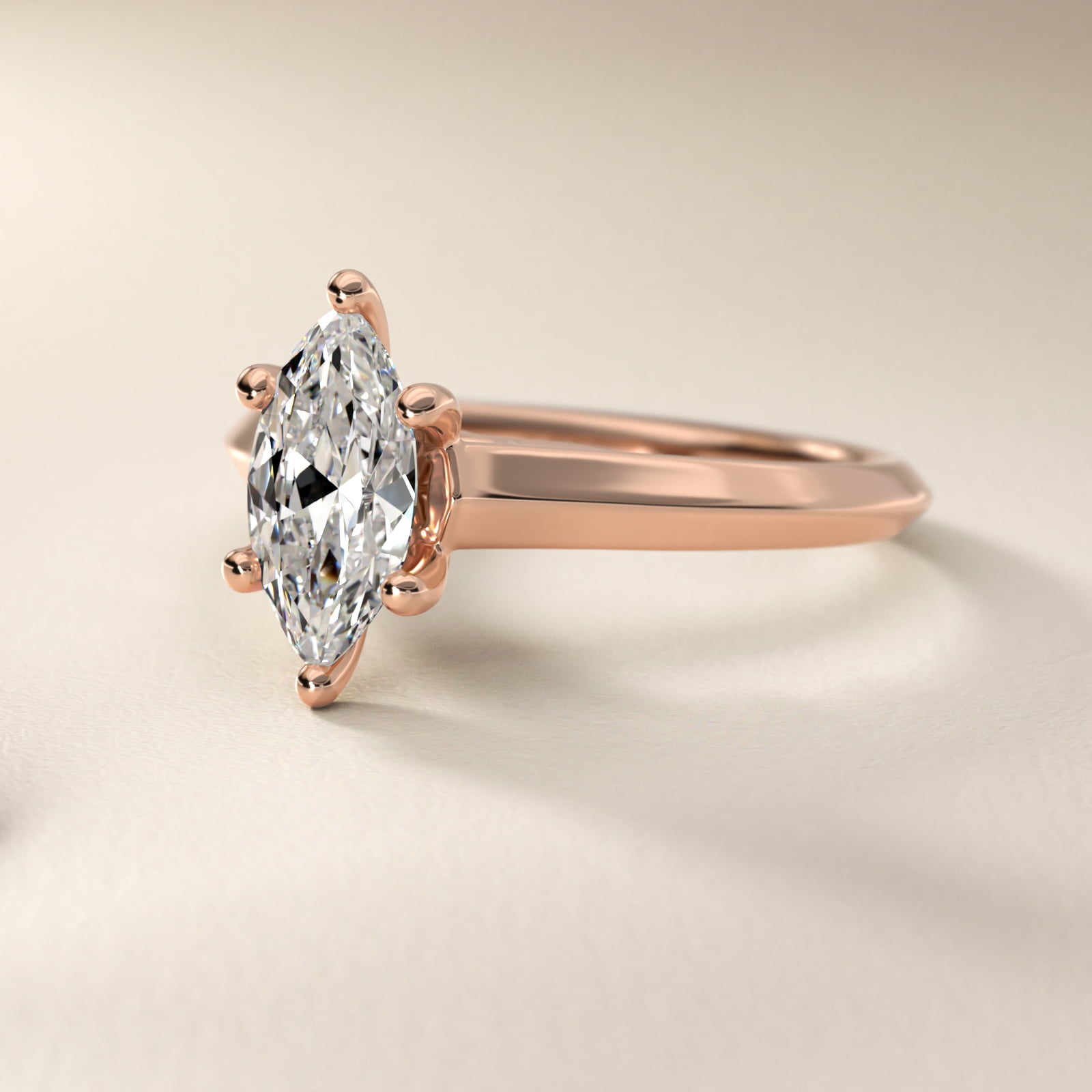 Knife Edge Scroll Solitaire Plus Diamond Engagement Ring in 14k Rose Gold - Marquise Center