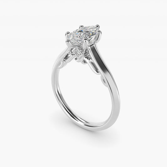 Knife Edge Scroll Solitaire Plus Diamond Engagement Ring in 18k White Gold - Marquise Center