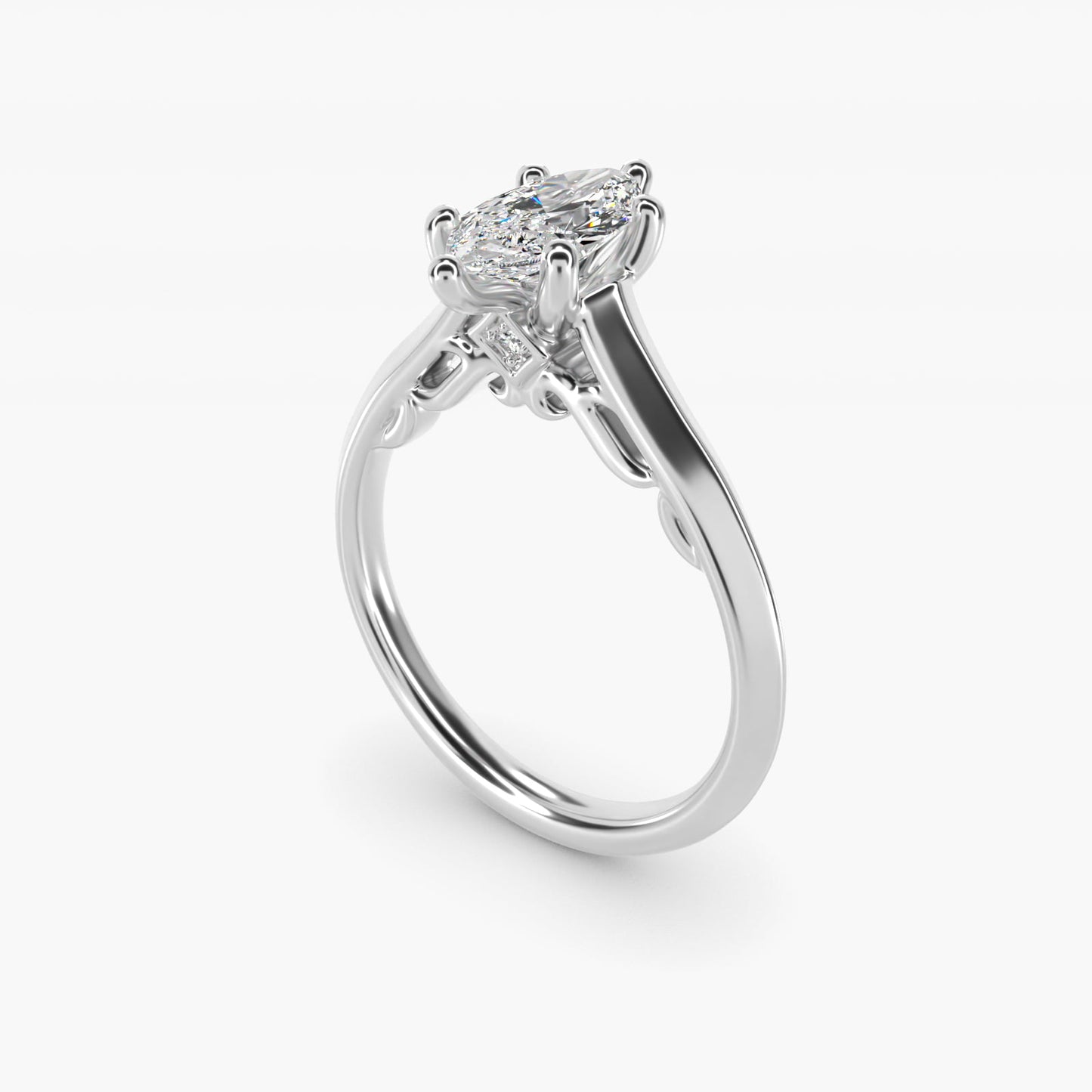 Knife Edge Scroll Solitaire Plus Diamond Engagement Ring in Platinum - Marquise Center