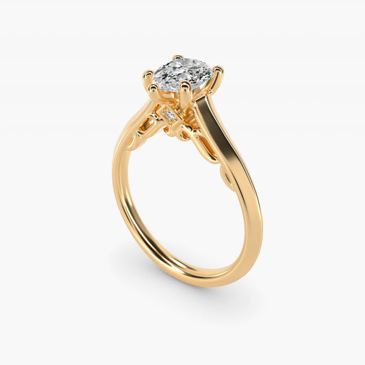 Knife Edge Scroll Solitaire Plus Diamond Engagement Ring in 14k Yellow Gold - Pear Center