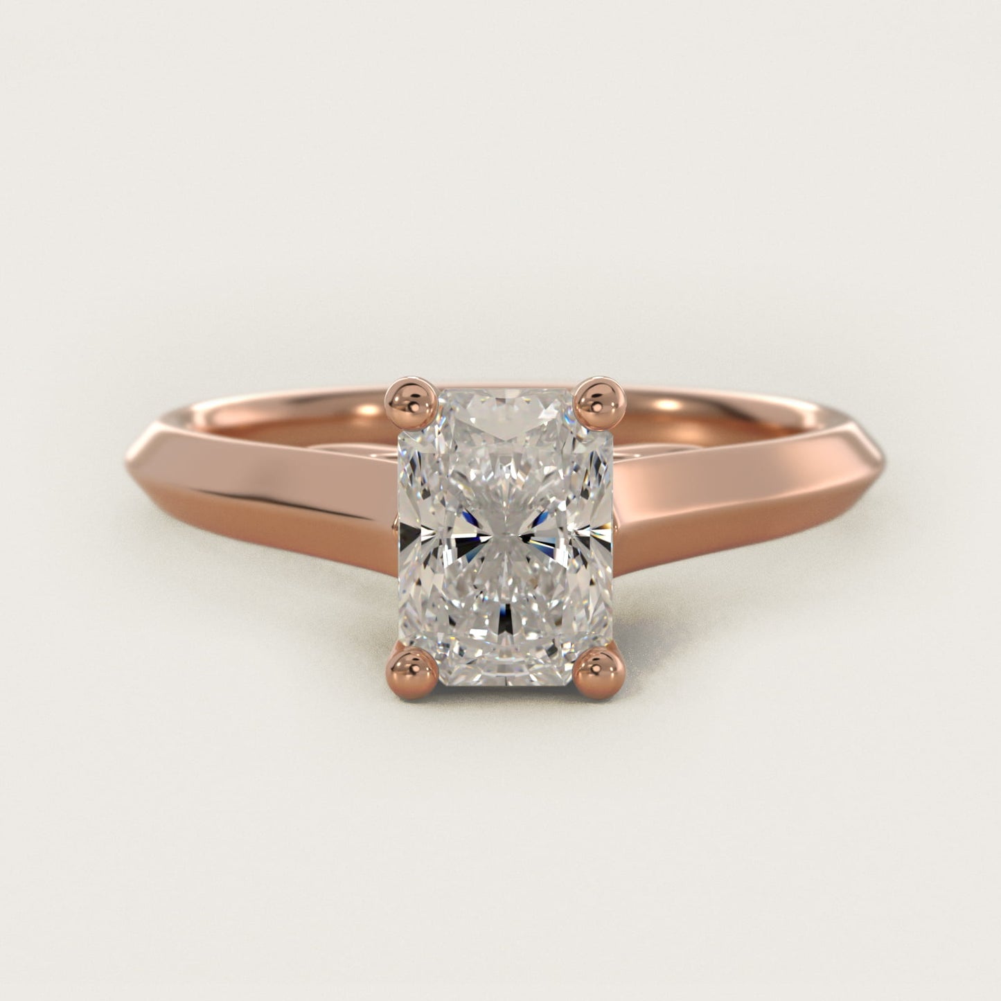 Knife Edge Scroll Solitaire Plus Diamond Engagement Ring in 14k Rose Gold - Radiant Center