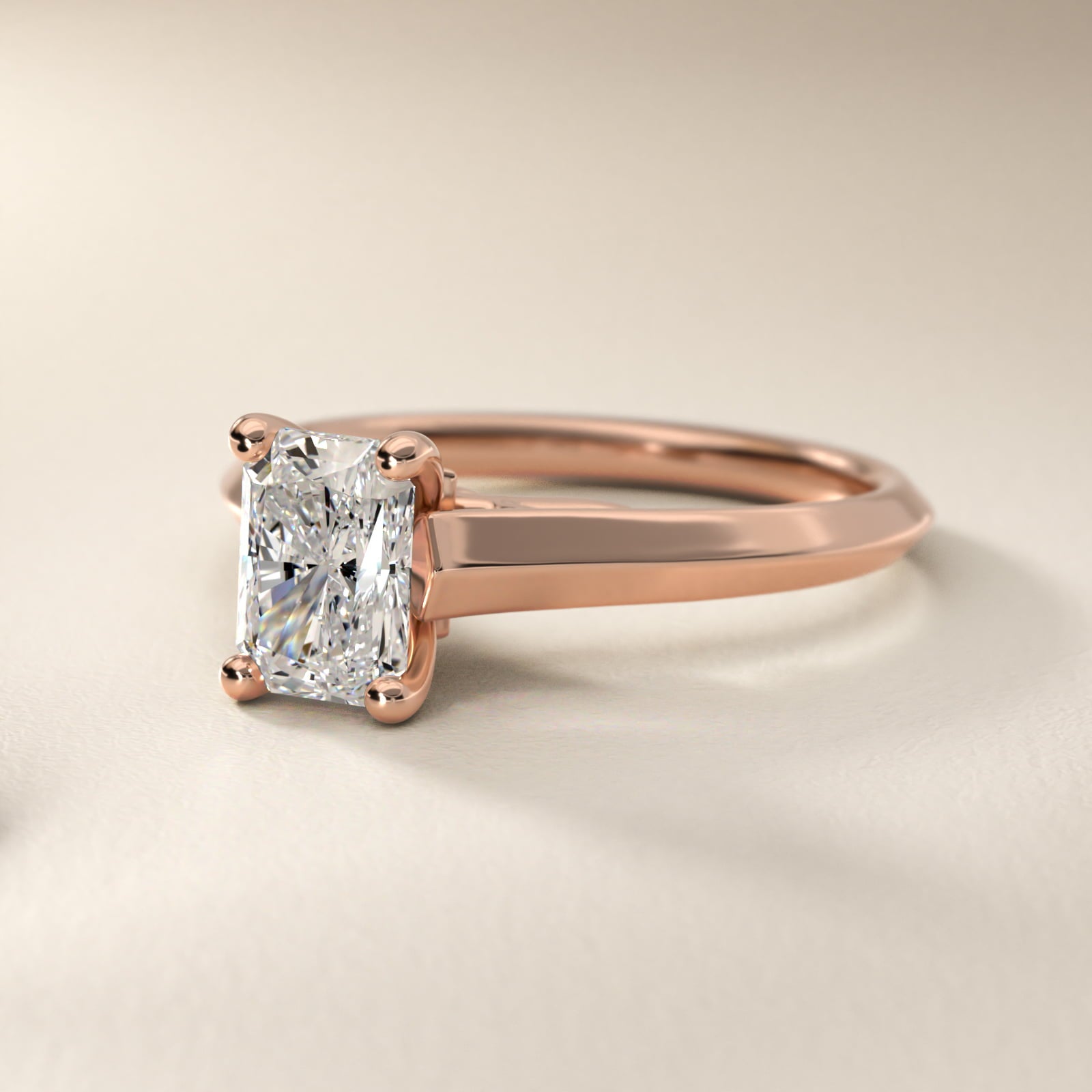 Knife Edge Scroll Solitaire Plus Diamond Engagement Ring in 18k Rose Gold - Radiant Center