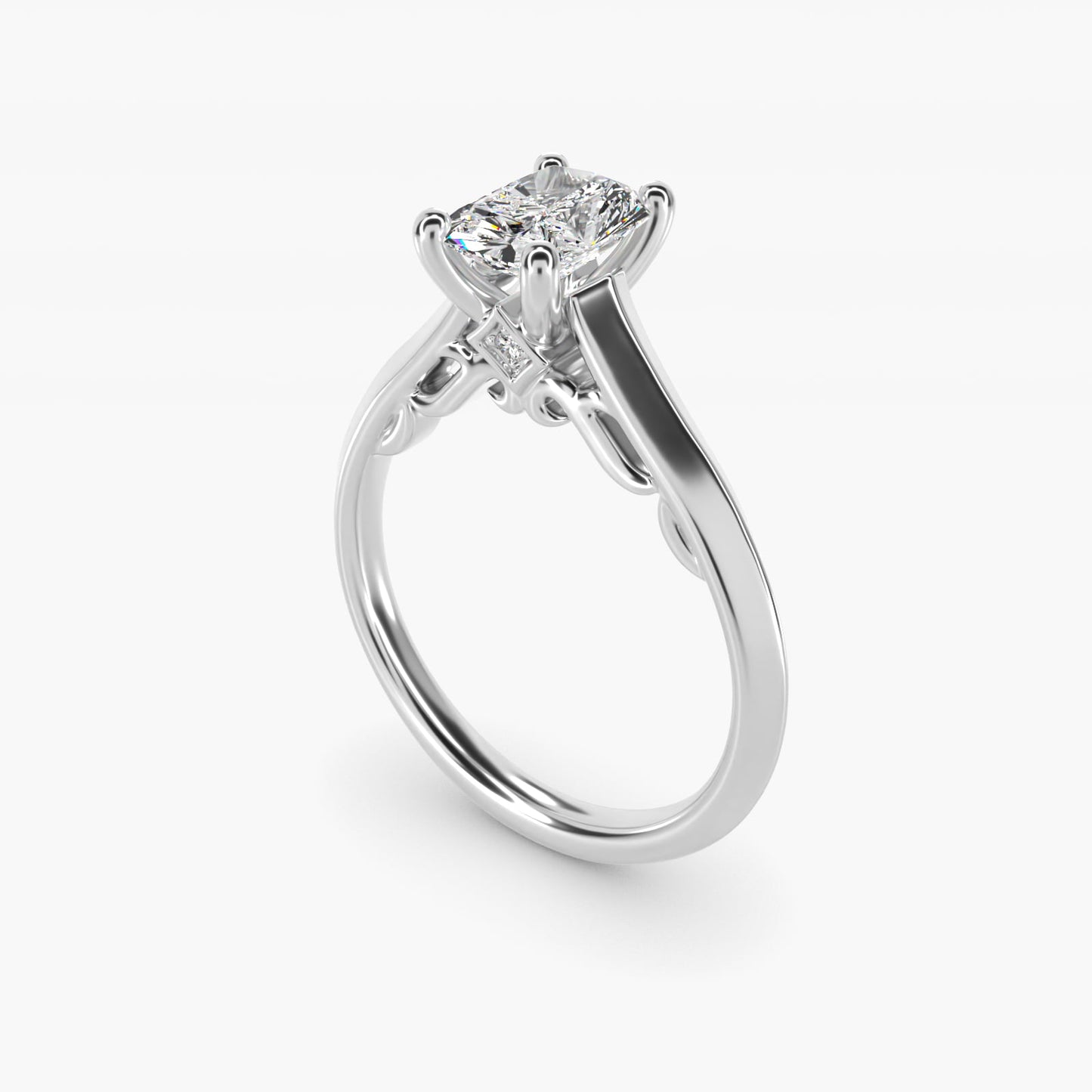 Knife Edge Scroll Solitaire Plus Diamond Engagement Ring in Platinum - Radiant Center