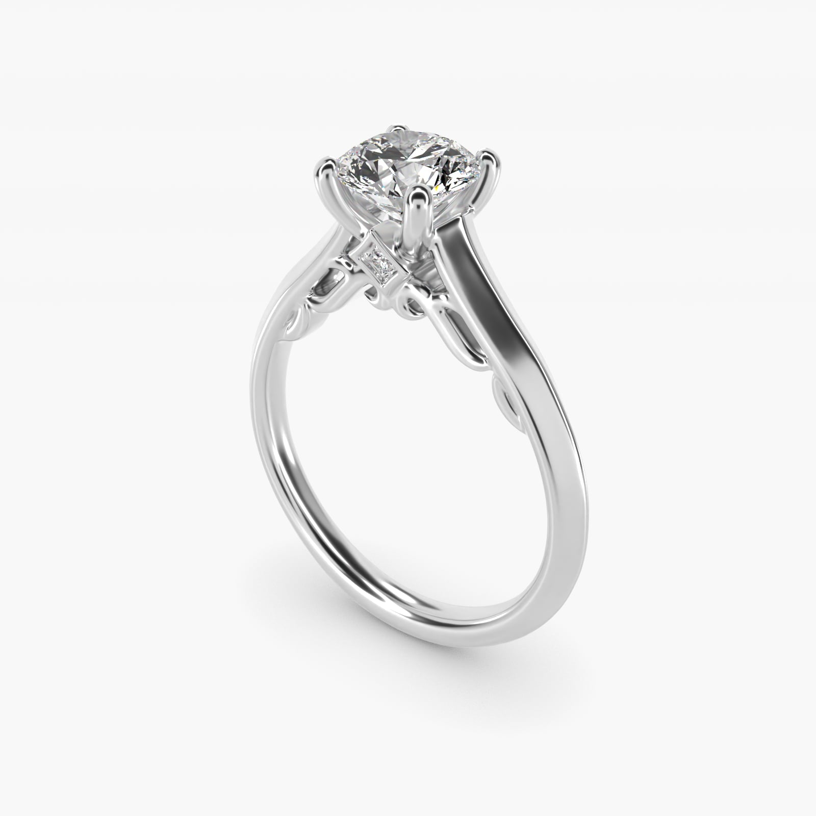 Knife Edge Scroll Solitaire Plus Diamond Engagement Ring in 18k White Gold - Round Center