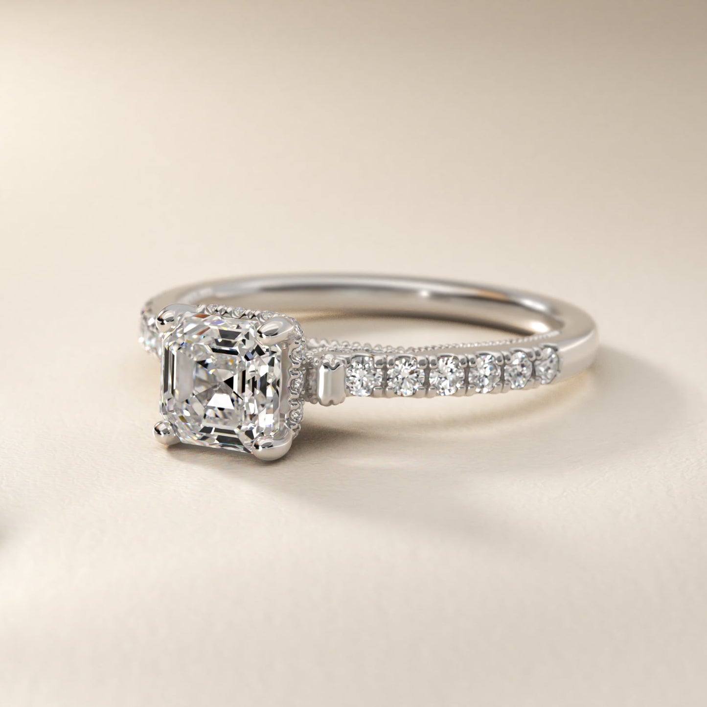 Lace Bridge Hidden Halo and Pave Diamond Engagement Ring in 18k White Gold (1/3 ct. tw.) - Asscher Center
