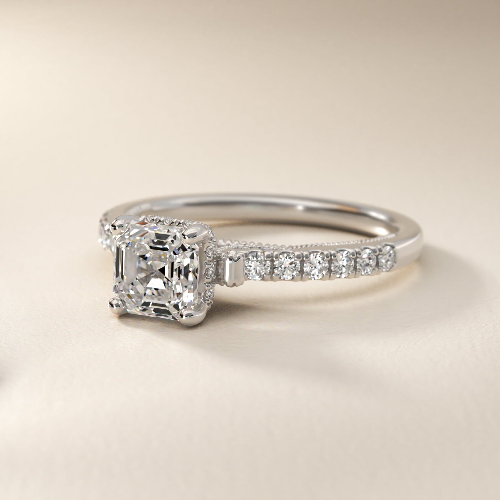 Lace Bridge Hidden Halo and Pave Diamond Engagement Ring in 18k White Gold (1/3 ct. tw.) - Asscher Center