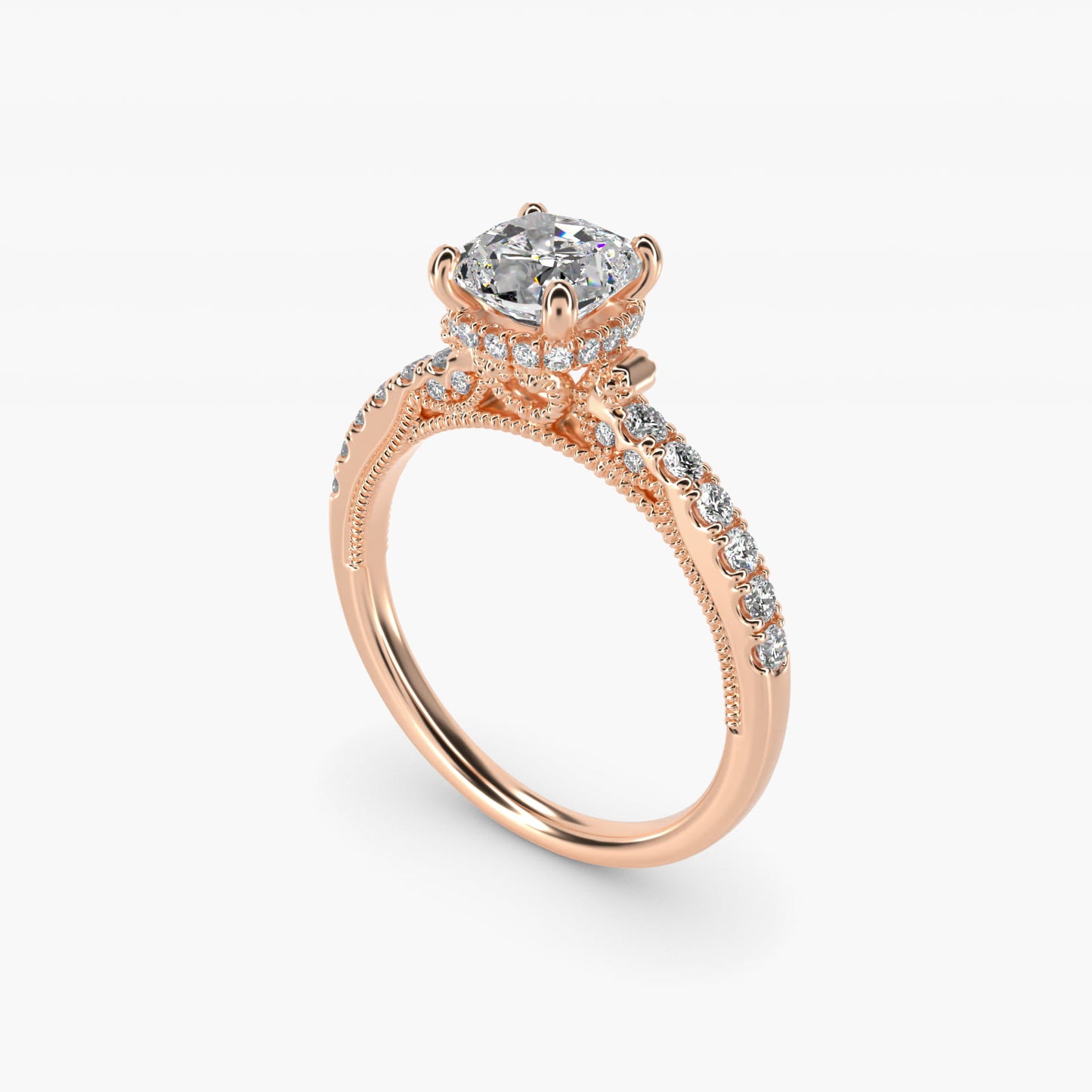Lace Bridge Hidden Halo and Pave Diamond Engagement Ring in 18k Rose Gold (1/3 ct. tw.) - Cushion Center