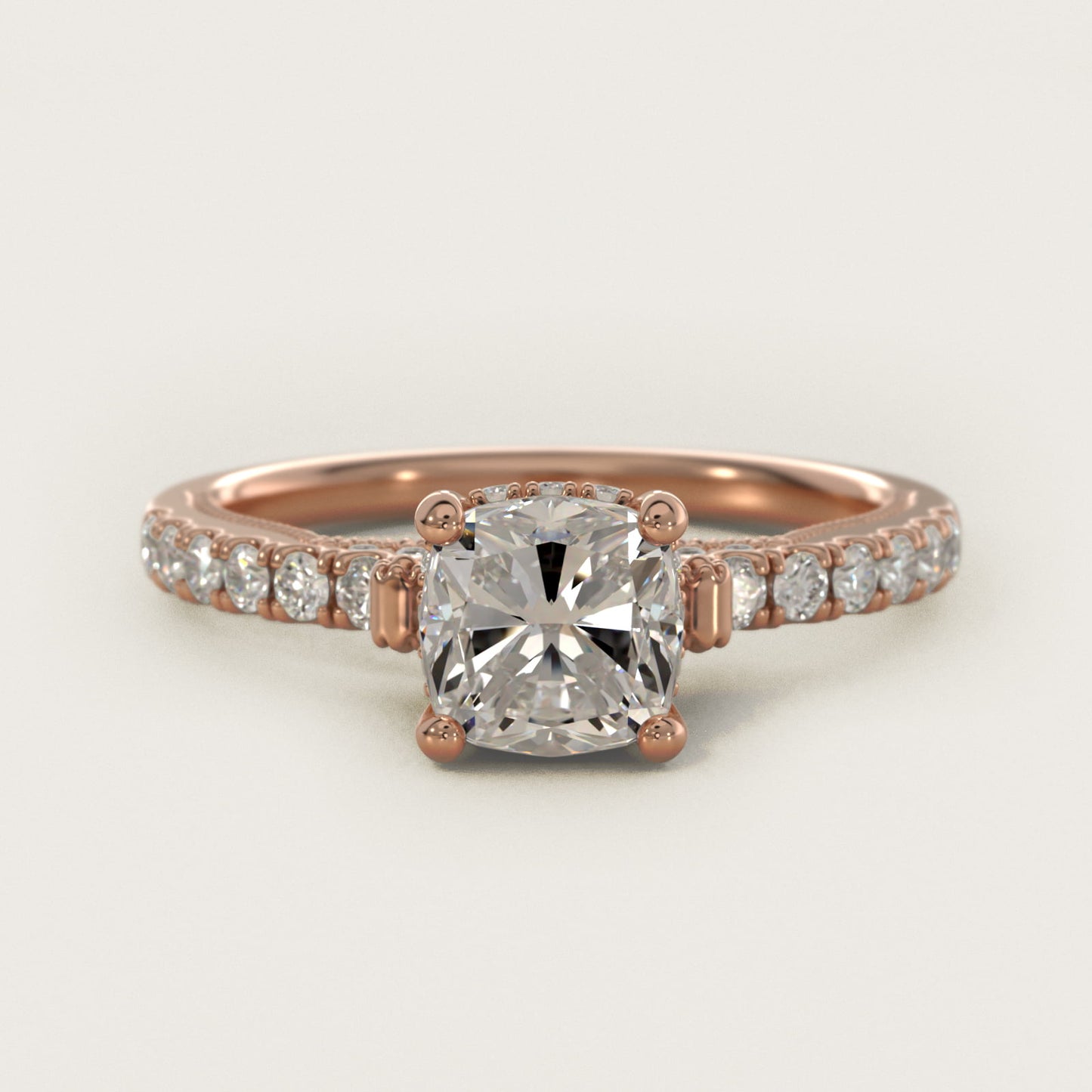 Lace Bridge Hidden Halo and Pave Diamond Engagement Ring in 14k Rose Gold (1/3 ct. tw.) - Cushion Center
