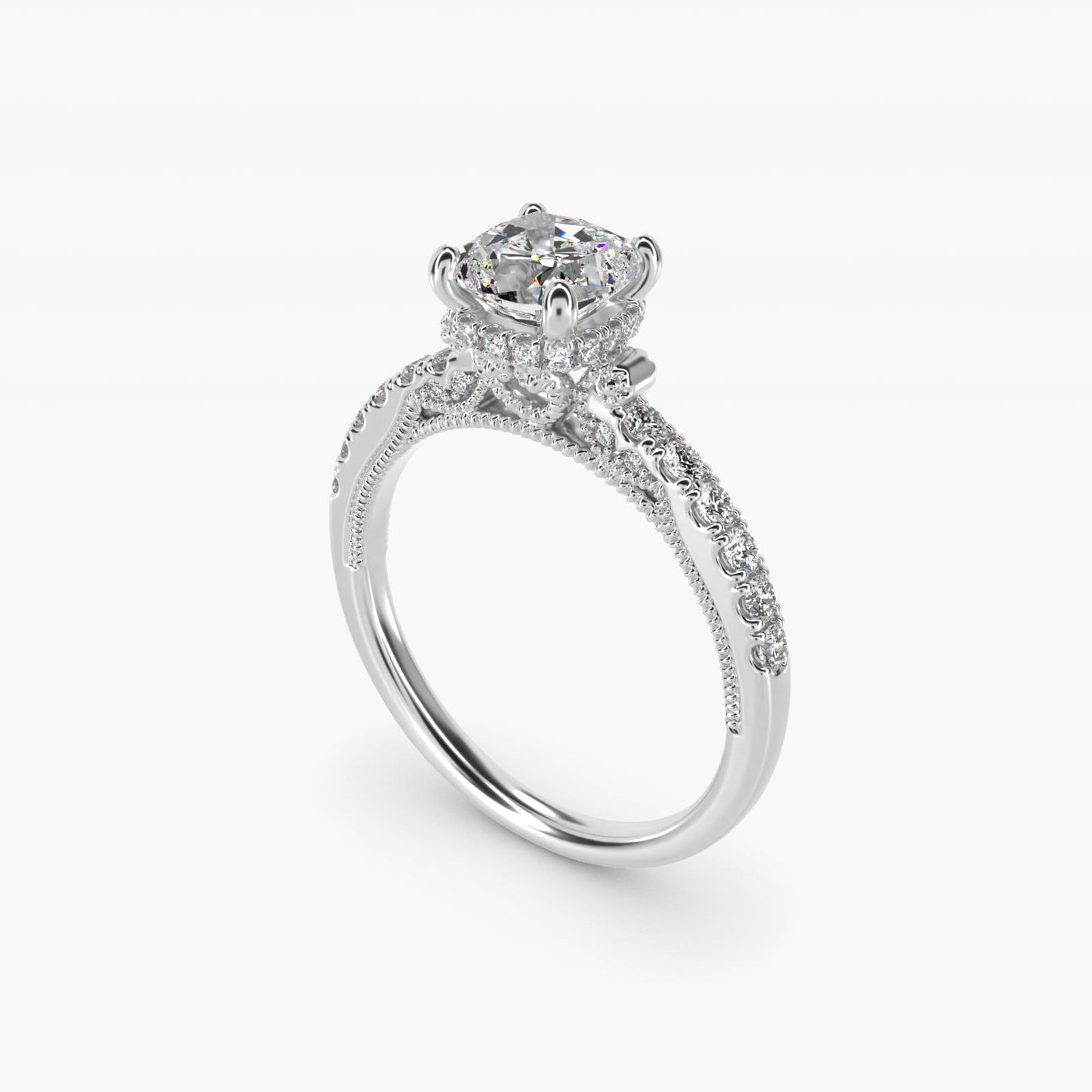 Lace Bridge Hidden Halo and Pave Diamond Engagement Ring in 18k White Gold (1/3 ct. tw.) - Cushion Center