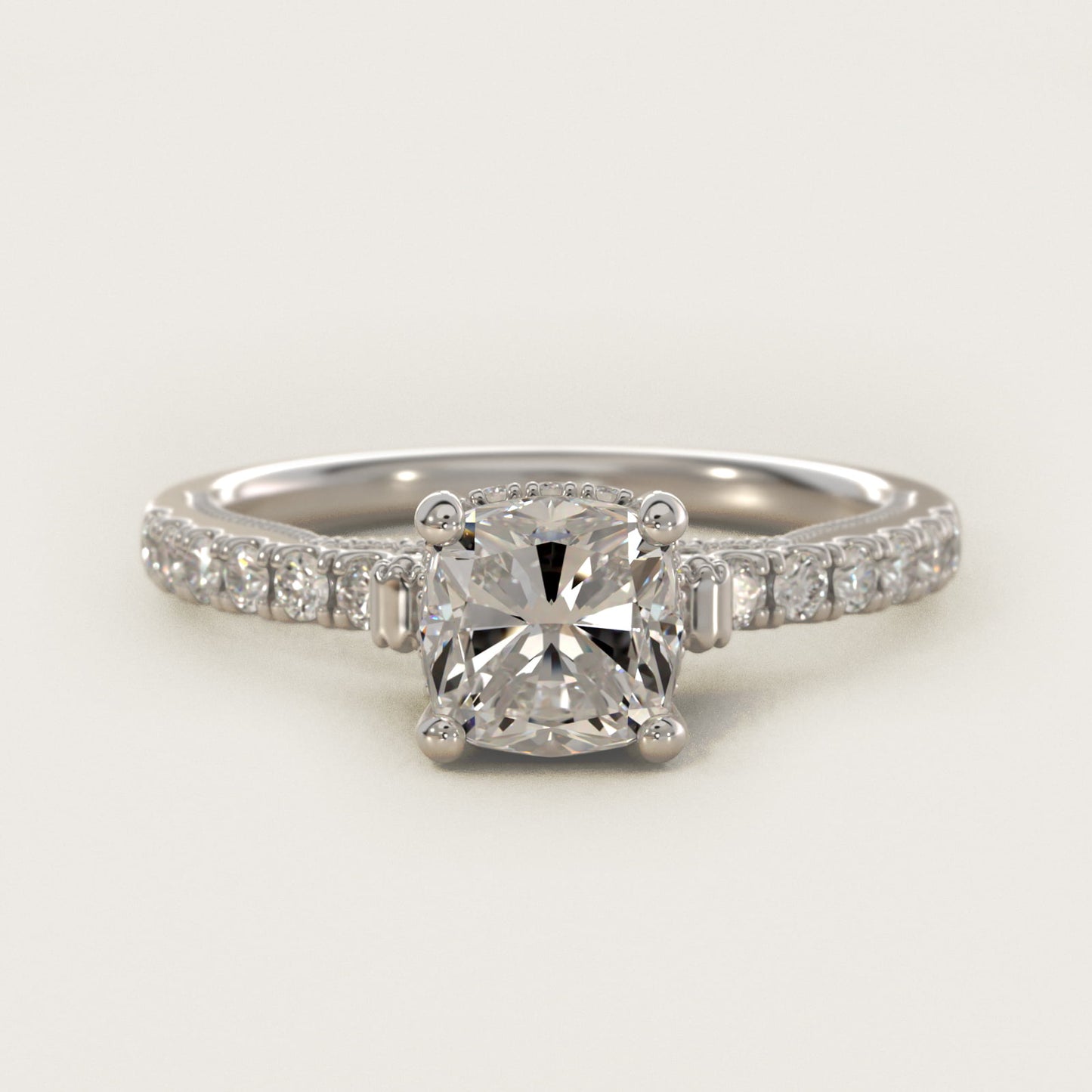 Lace Bridge Hidden Halo and Pave Diamond Engagement Ring in 18k White Gold (1/3 ct. tw.) - Cushion Center
