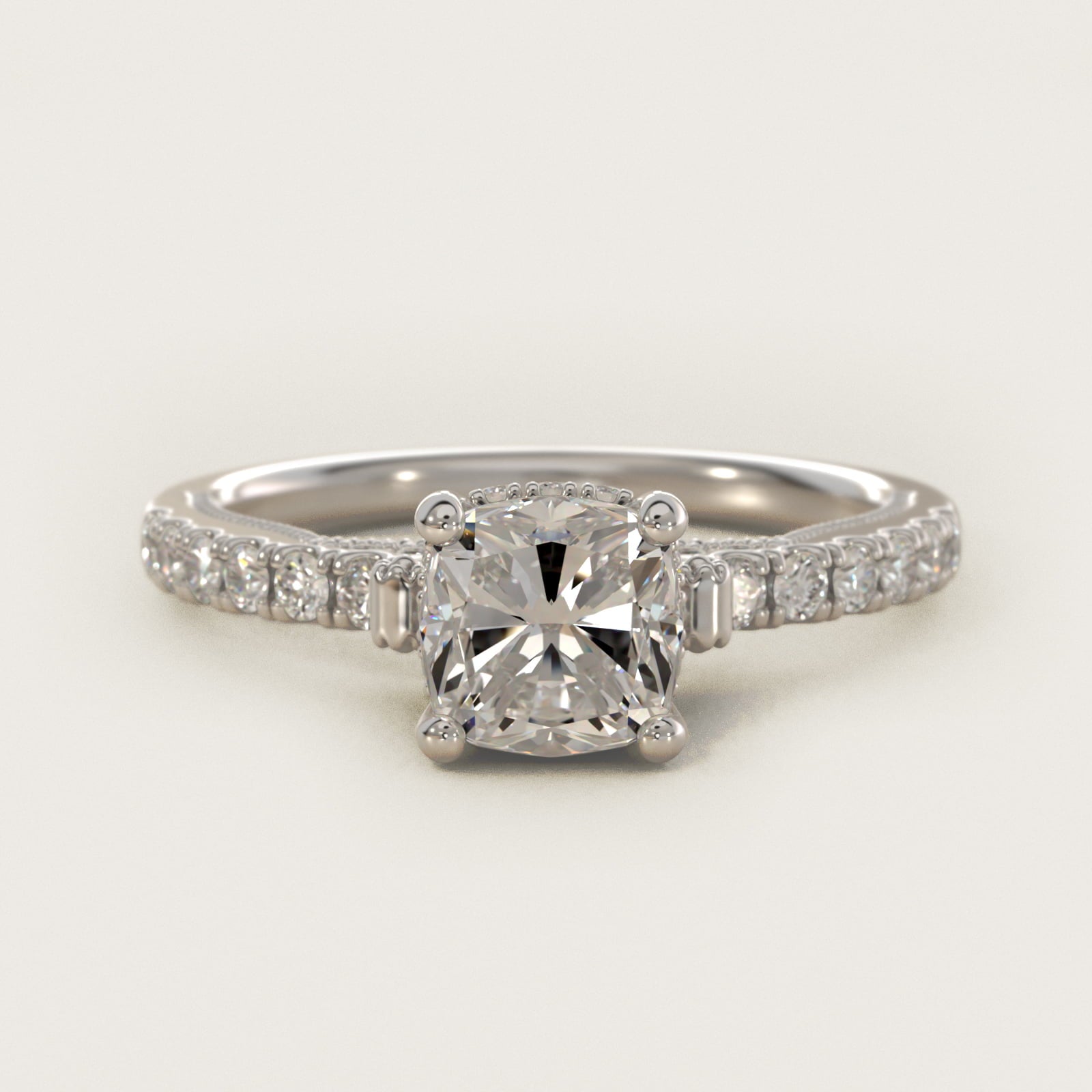 Lace Bridge Hidden Halo and Pave Diamond Engagement Ring in 18k White Gold (1/3 ct. tw.) - Cushion Center