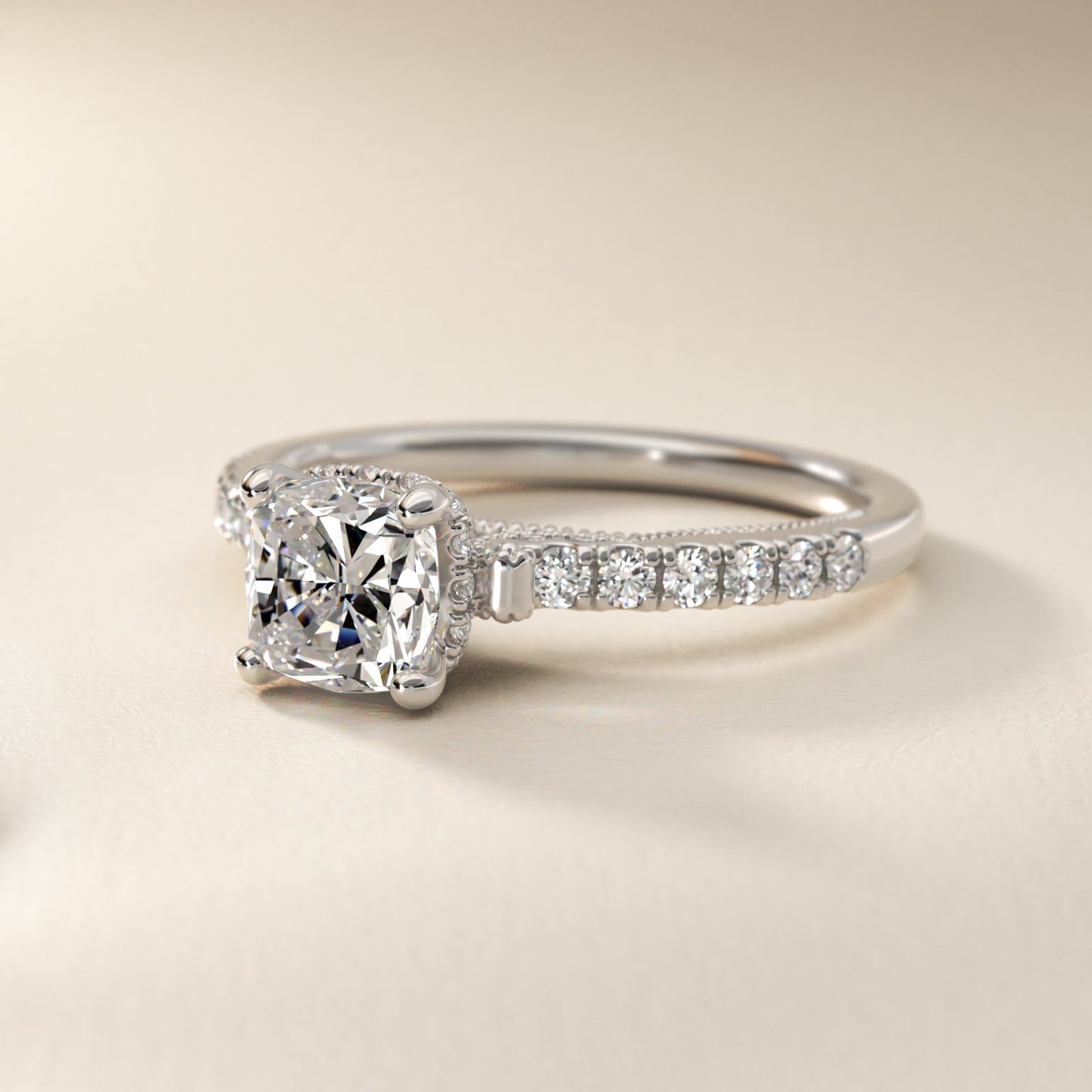 Lace Bridge Hidden Halo and Pave Diamond Engagement Ring in 18k White Gold (1/3 ct. tw.) - Cushion Center