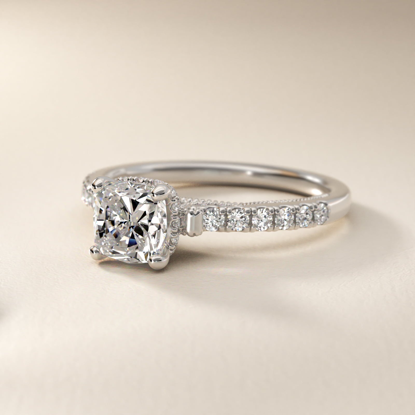 Lace Bridge Hidden Halo and Pave Diamond Engagement Ring in 18k White Gold (1/3 ct. tw.) - Cushion Center