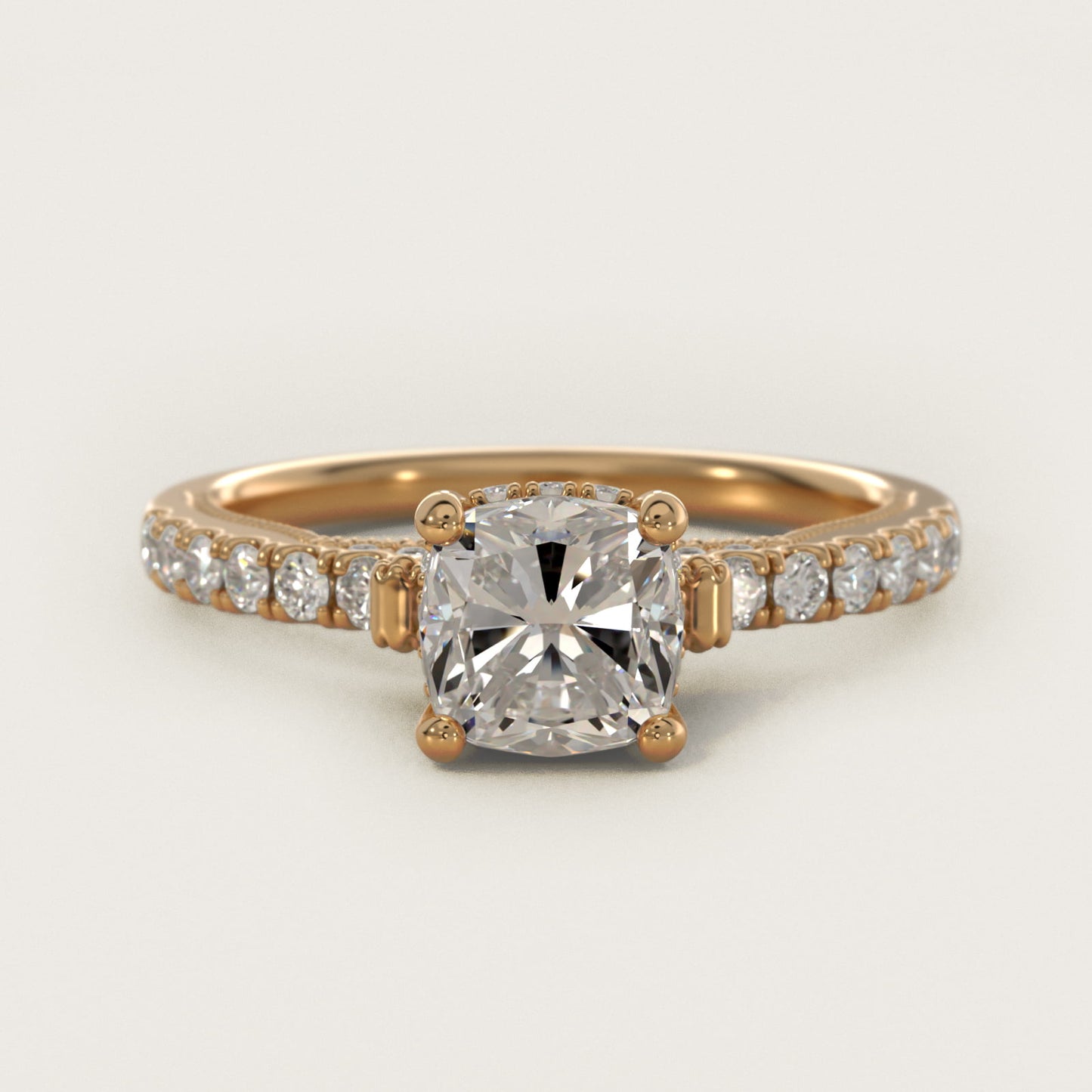 Lace Bridge Hidden Halo and Pave Diamond Engagement Ring in 14k Yellow Gold (1/3 ct. tw.) - Cushion Center