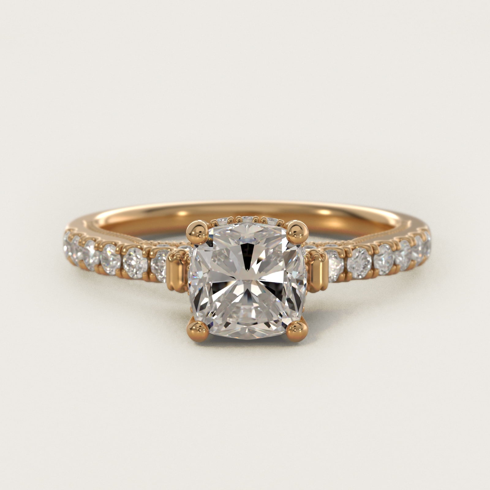 Lace Bridge Hidden Halo and Pave Diamond Engagement Ring in 18k Yellow Gold (1/3 ct. tw.) - Cushion Center