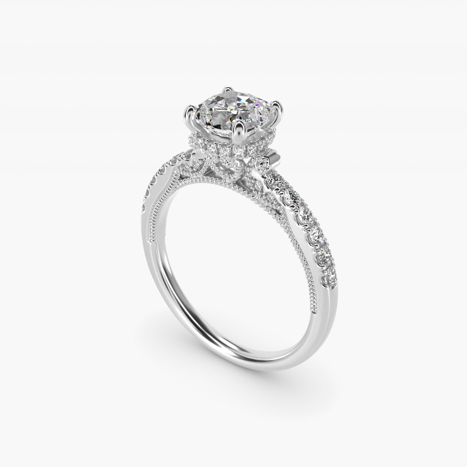 Lace Bridge Hidden Halo and Pave Diamond Engagement Ring in Platinum (1/3 ct. tw.) - Cushion Center