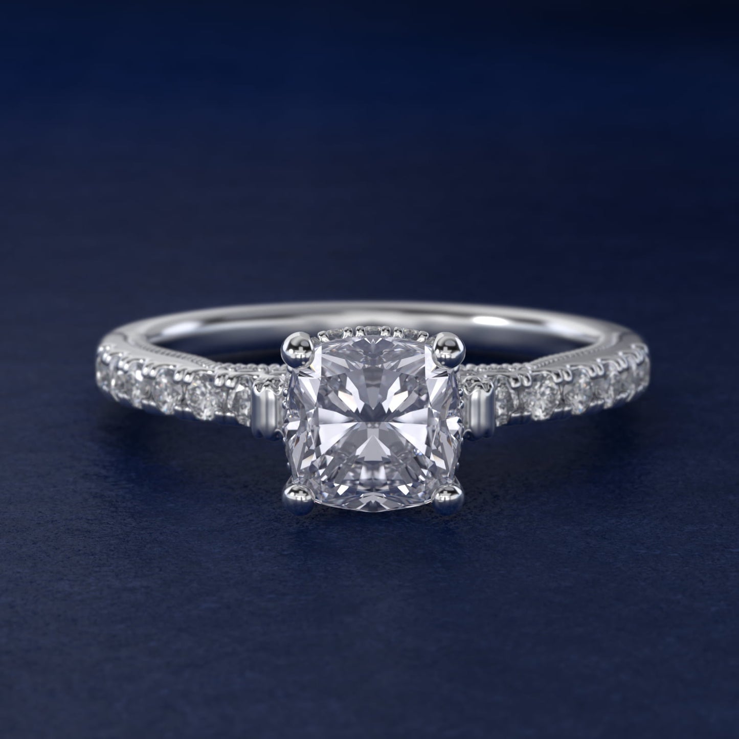 Lace Bridge Hidden Halo and Pave Diamond Engagement Ring in Platinum (1/3 ct. tw.) - Cushion Center