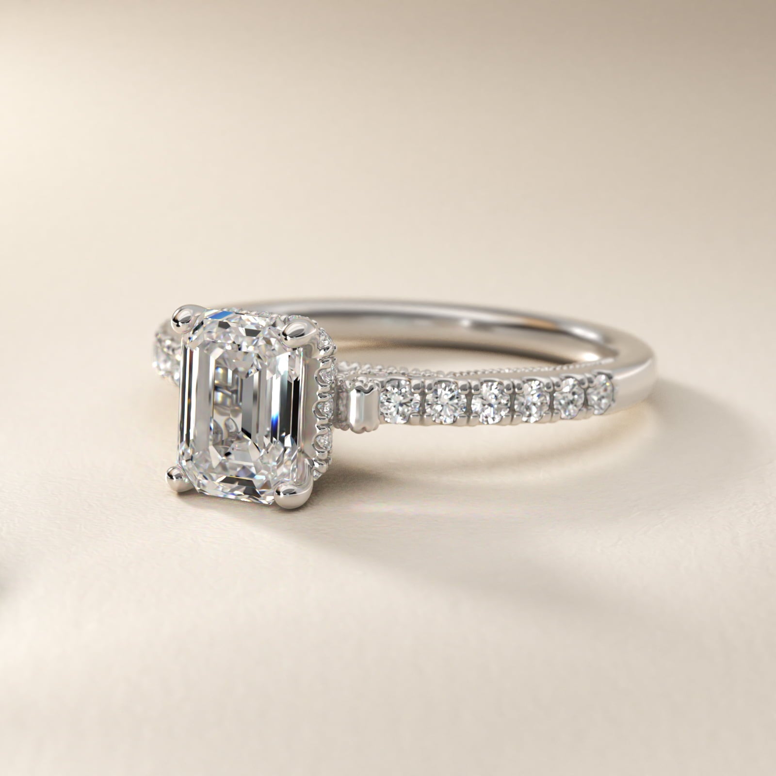 Lace Bridge Hidden Halo and Pave Diamond Engagement Ring in 18k White Gold (1/3 ct. tw.) - Emerald Center