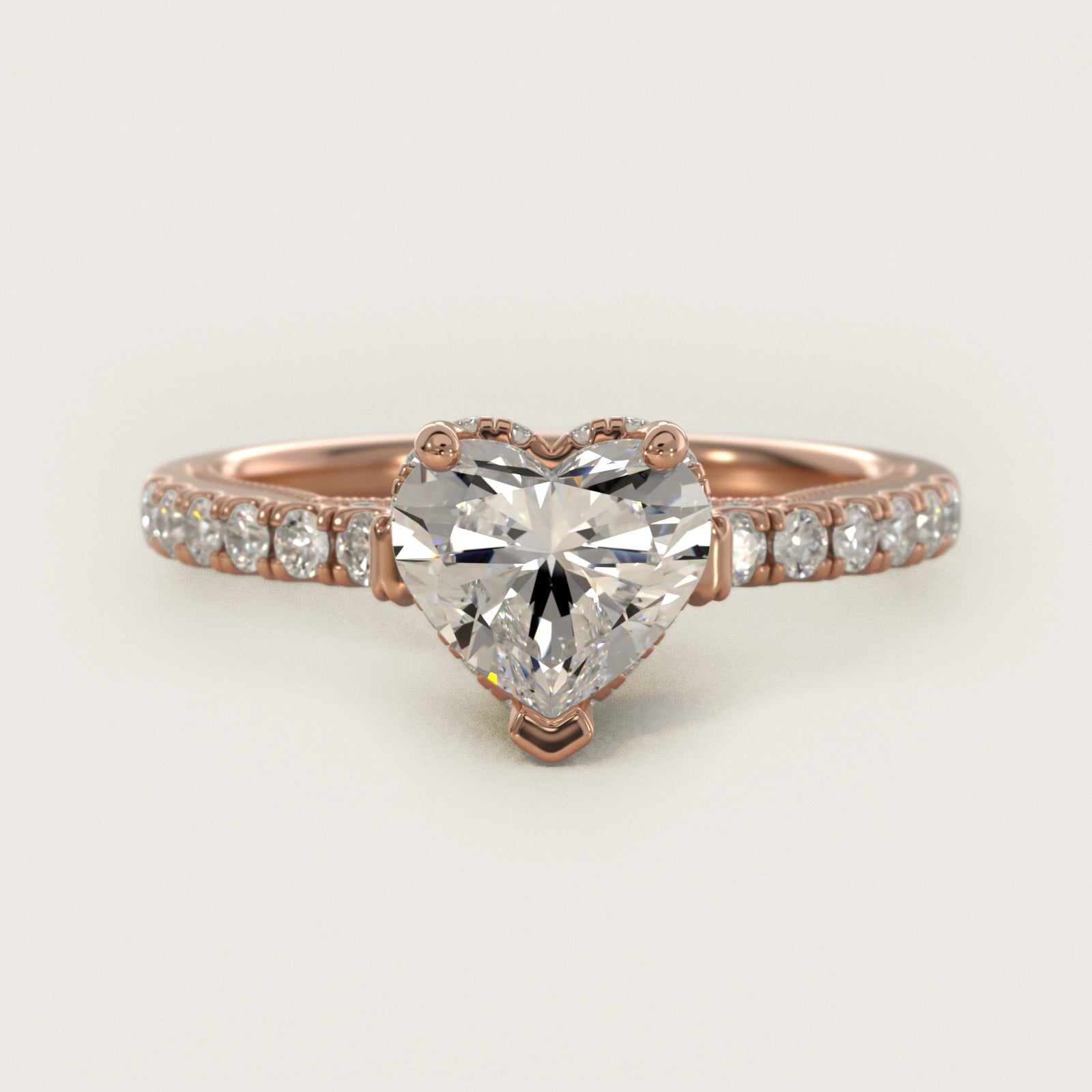 Lace Bridge Hidden Halo and Pave Diamond Engagement Ring in 14k Rose Gold (1/3 ct. tw.) - Heart Center