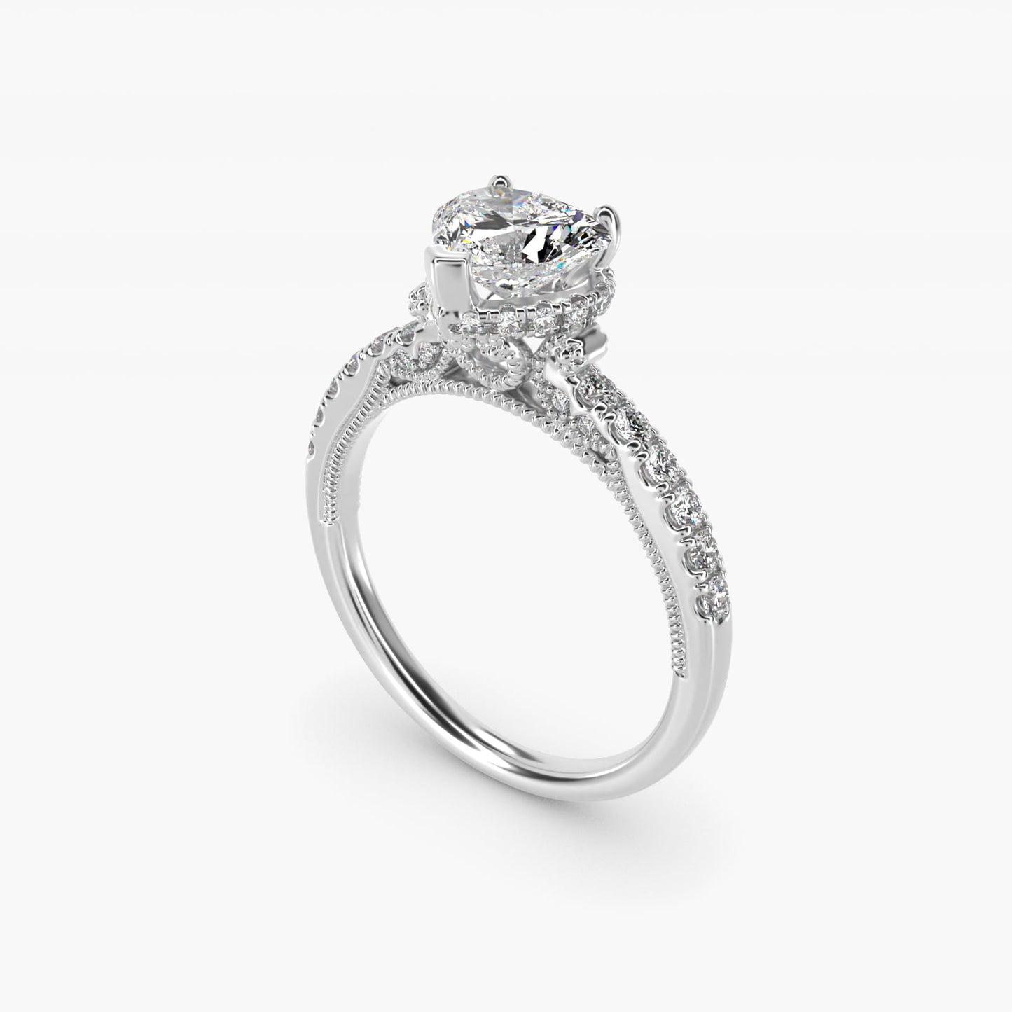 Lace Bridge Hidden Halo and Pave Diamond Engagement Ring in 18k White Gold (1/3 ct. tw.) - Heart Center