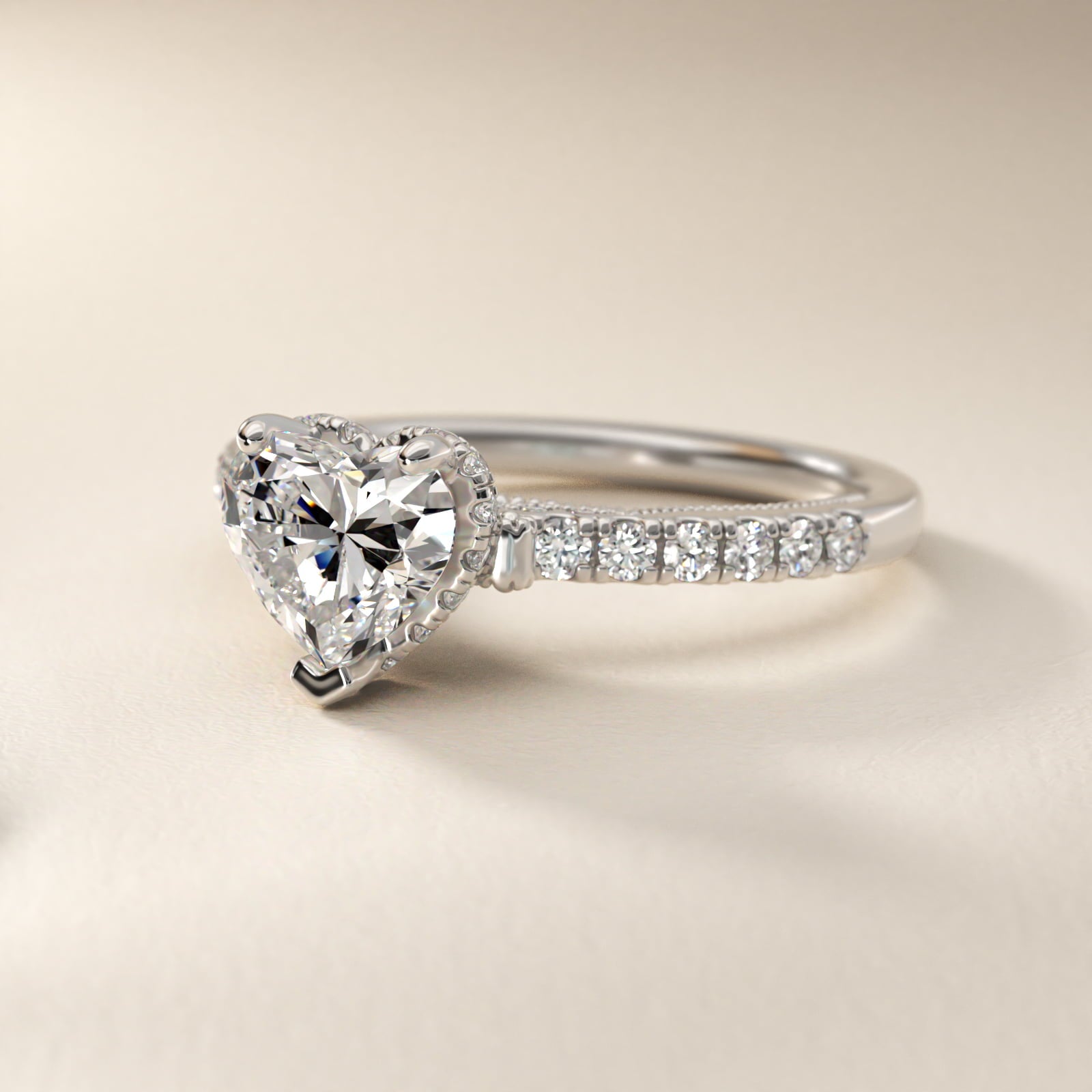 Lace Bridge Hidden Halo and Pave Diamond Engagement Ring in 18k White Gold (1/3 ct. tw.) - Heart Center
