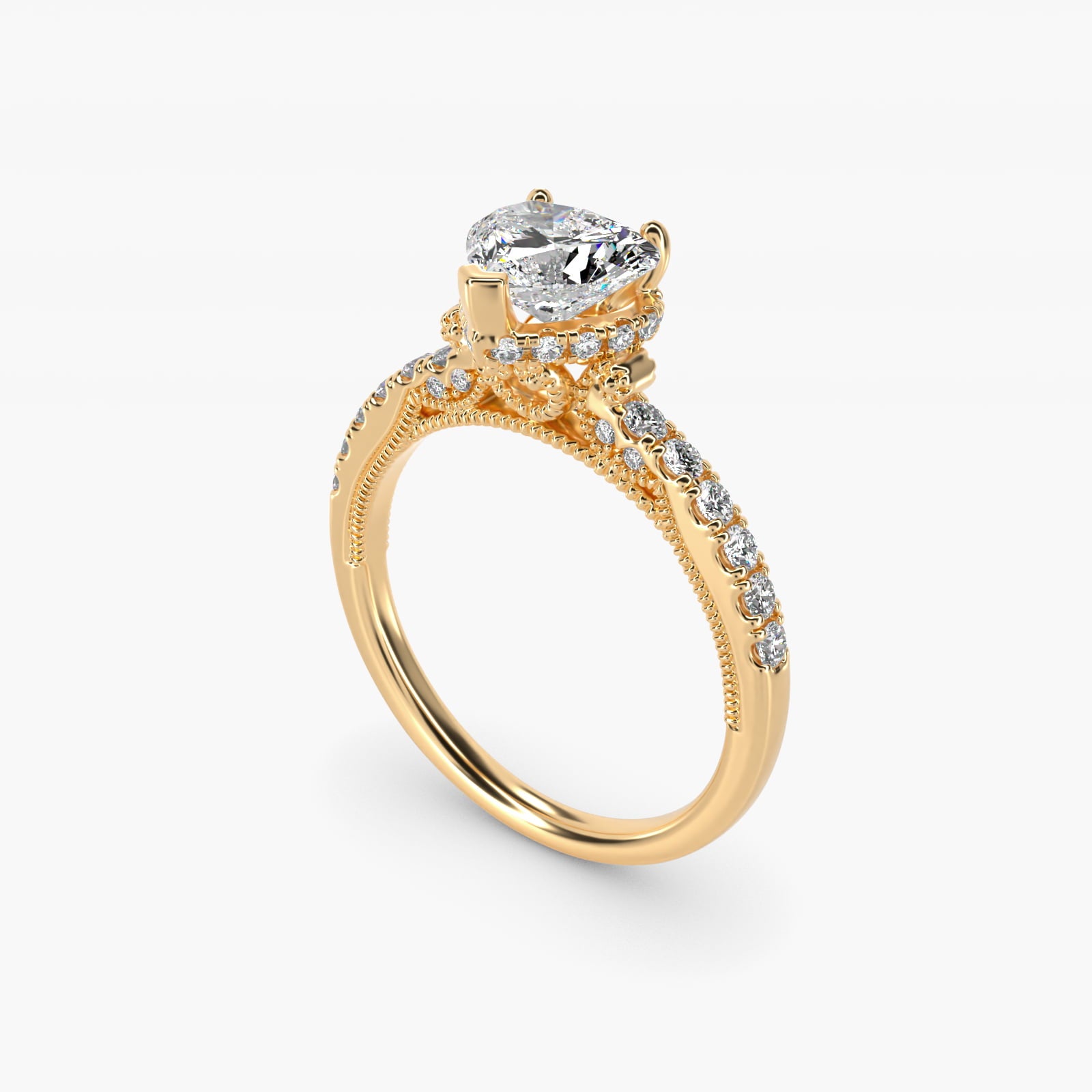 Lace Bridge Hidden Halo and Pave Diamond Engagement Ring in 14k Yellow Gold (1/3 ct. tw.) - Heart Center