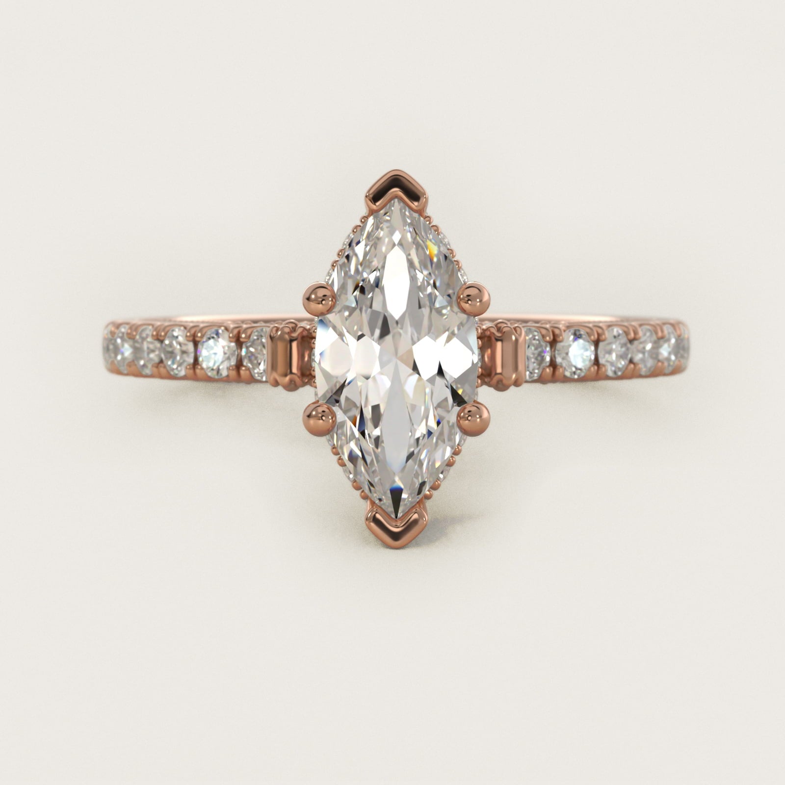Lace Bridge Hidden Halo and Pave Diamond Engagement Ring in 14k Rose Gold (1/3 ct. tw.) - Marquise Center
