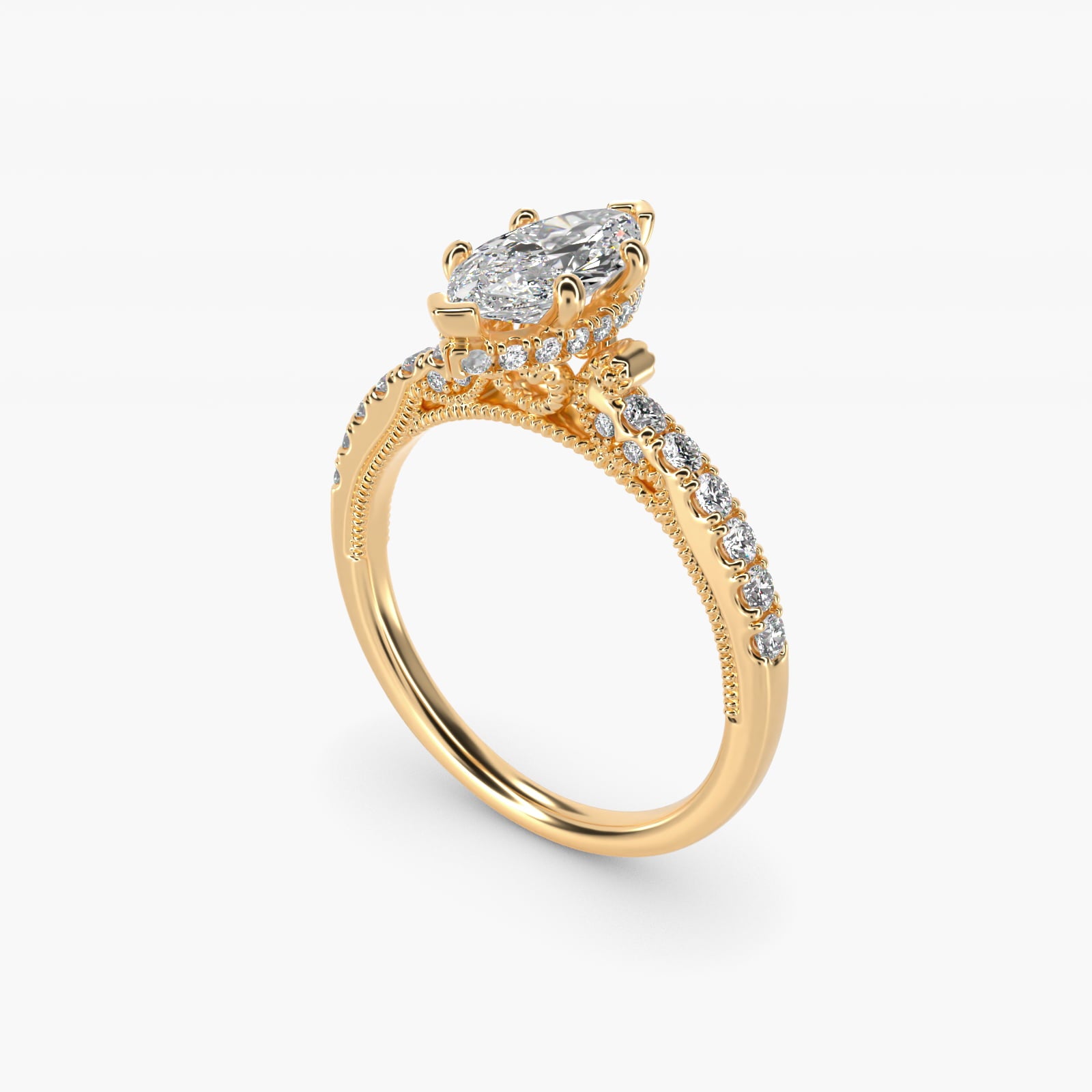Lace Bridge Hidden Halo and Pave Diamond Engagement Ring in 18k Yellow Gold (1/3 ct. tw.) - Marquise Center