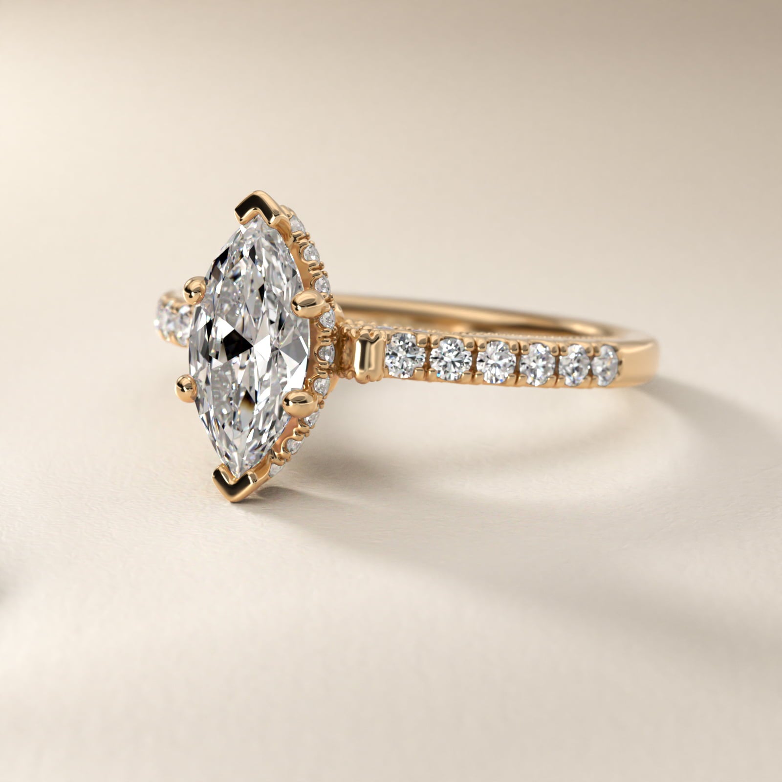 Lace Bridge Hidden Halo and Pave Diamond Engagement Ring in 18k Yellow Gold (1/3 ct. tw.) - Marquise Center