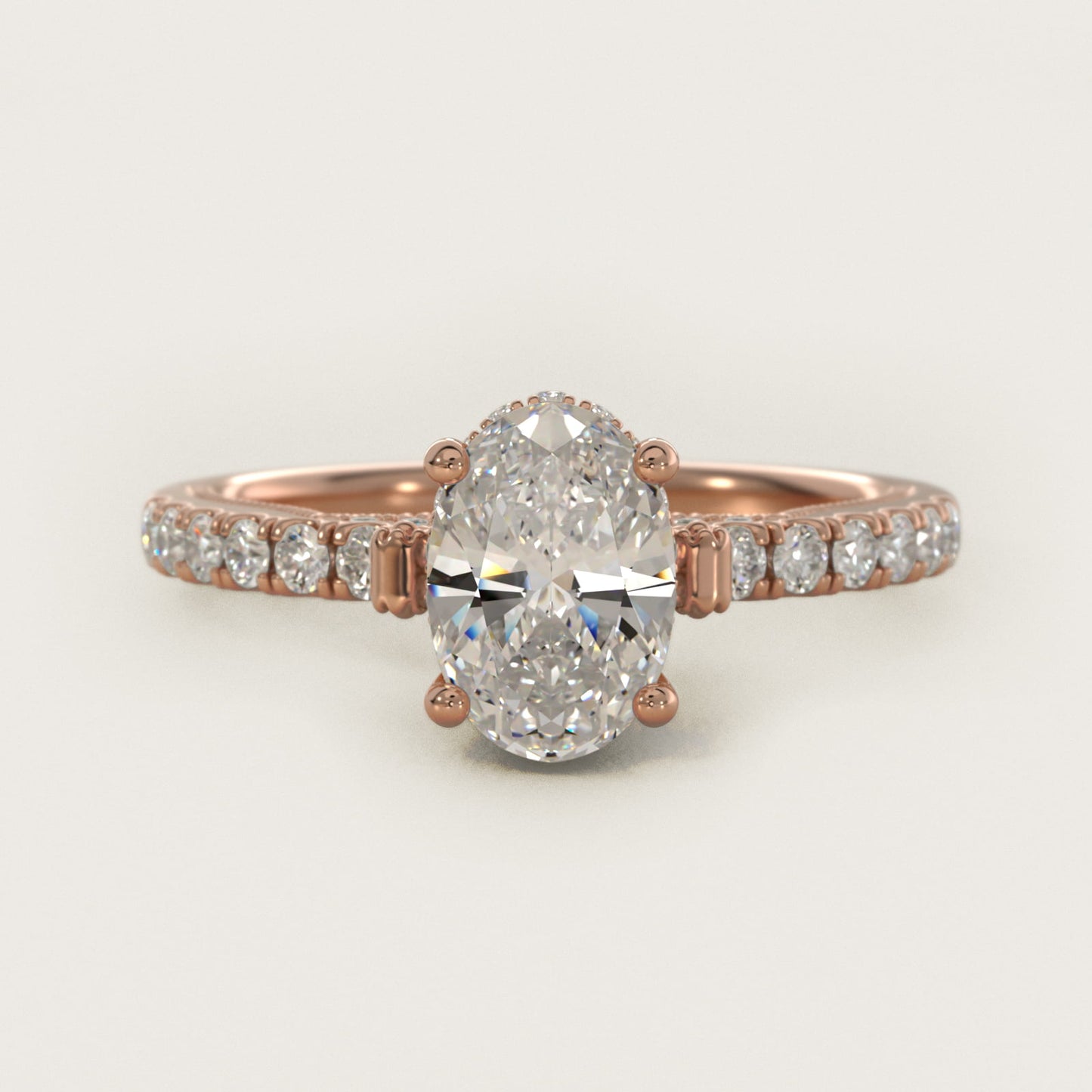 Lace Bridge Hidden Halo and Pave Diamond Engagement Ring in 18k Rose Gold (1/3 ct. tw.) - Oval Center