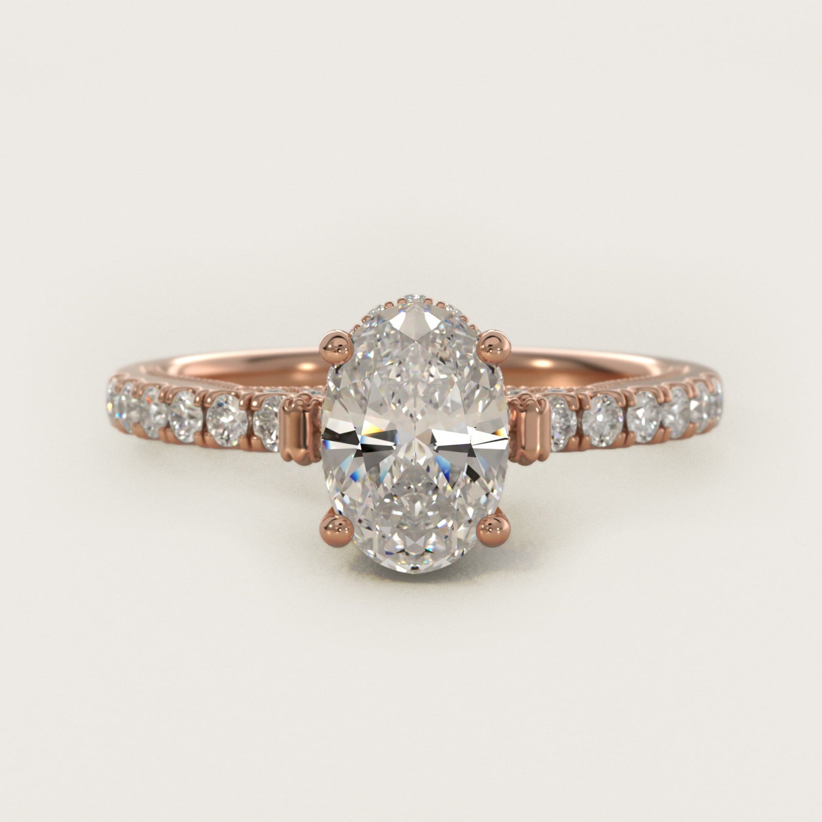 Lace Bridge Hidden Halo and Pave Diamond Engagement Ring in 18k Rose Gold (1/3 ct. tw.) - Oval Center