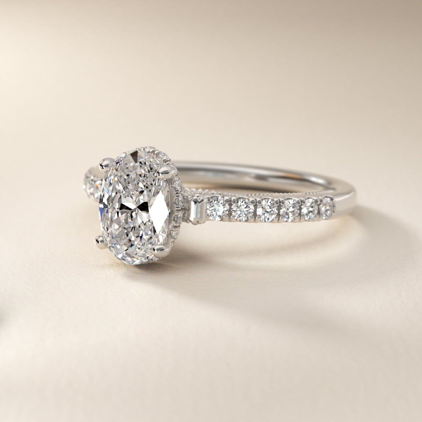 Lace Bridge Hidden Halo and Pave Diamond Engagement Ring in 18k White Gold (1/3 ct. tw.) - Oval Center