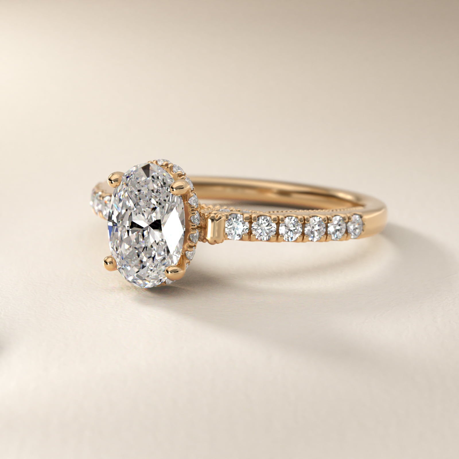 Lace Bridge Hidden Halo and Pave Diamond Engagement Ring in 14k Yellow Gold (1/3 ct. tw.) - Oval Center