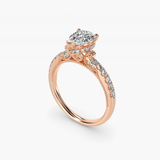 Lace Bridge Hidden Halo and Pave Diamond Engagement Ring in 18k Rose Gold (1/3 ct. tw.) - Pear Center