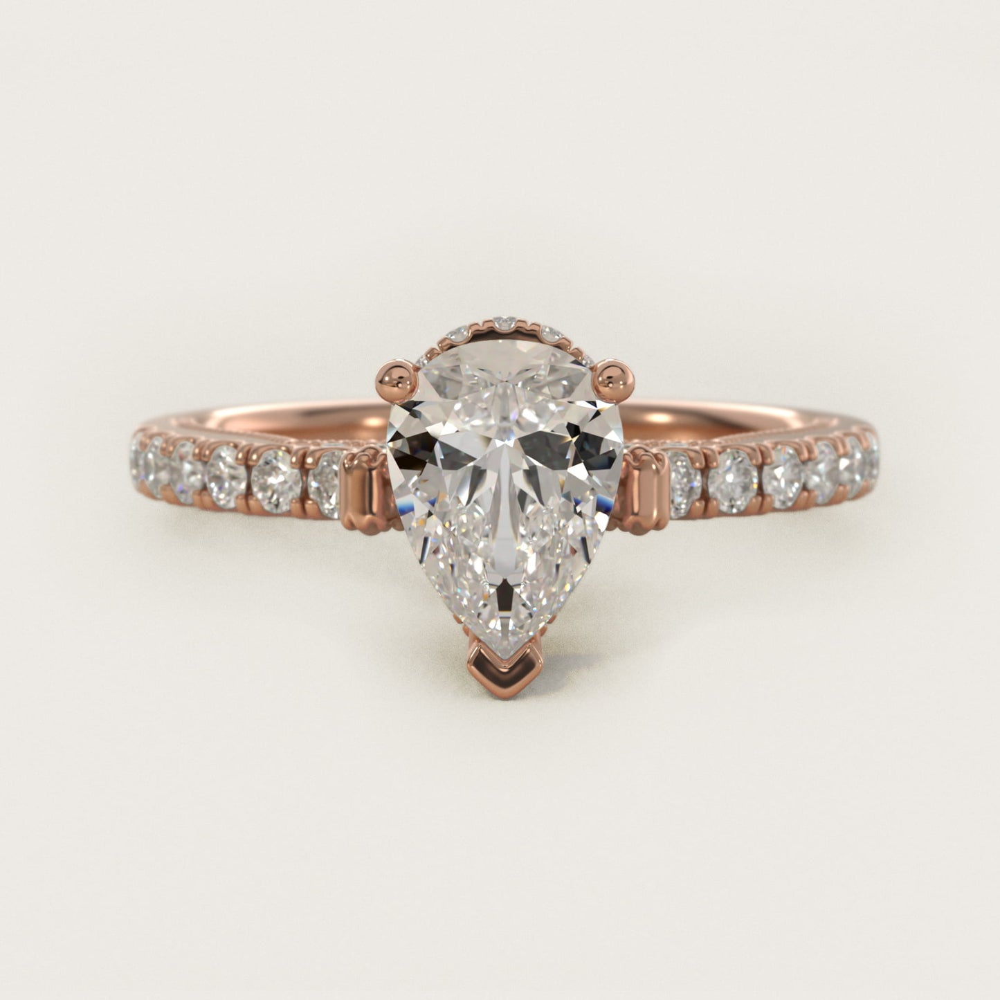 Lace Bridge Hidden Halo and Pave Diamond Engagement Ring in 14k Rose Gold (1/3 ct. tw.) - Pear Center