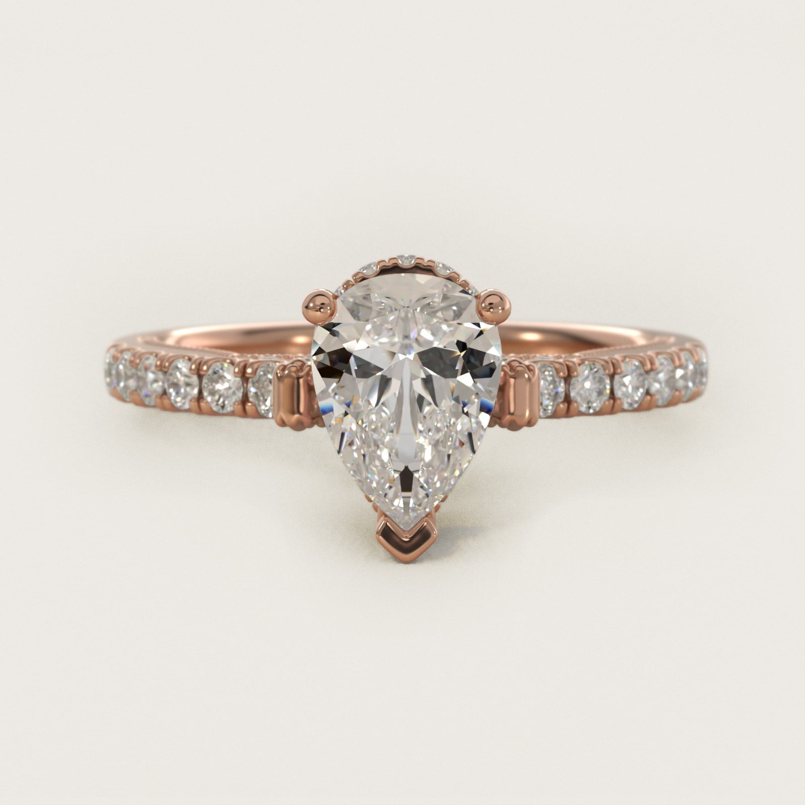 Lace Bridge Hidden Halo and Pave Diamond Engagement Ring in 14k Rose Gold (1/3 ct. tw.) - Pear Center