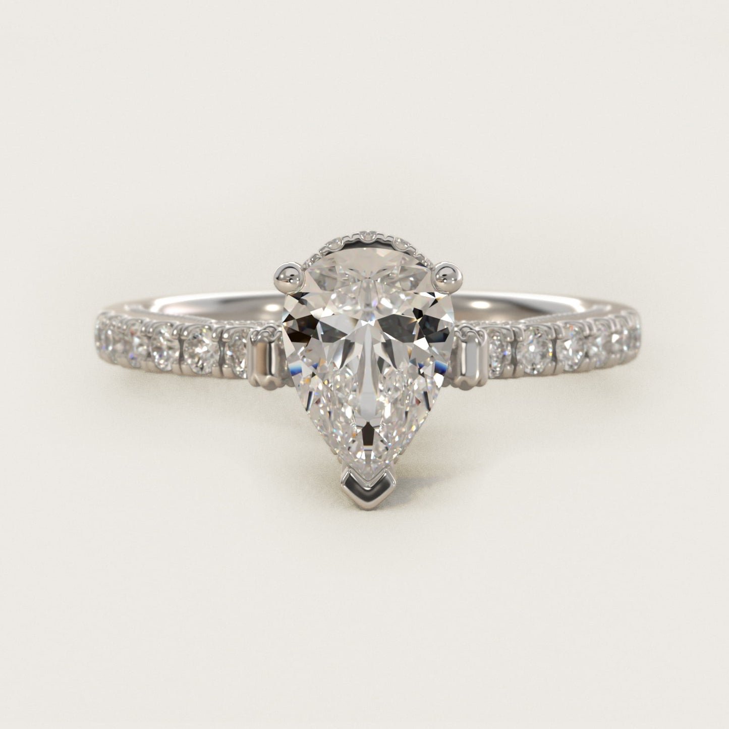Lace Bridge Hidden Halo and Pave Diamond Engagement Ring in 18k White Gold (1/3 ct. tw.) - Pear Center