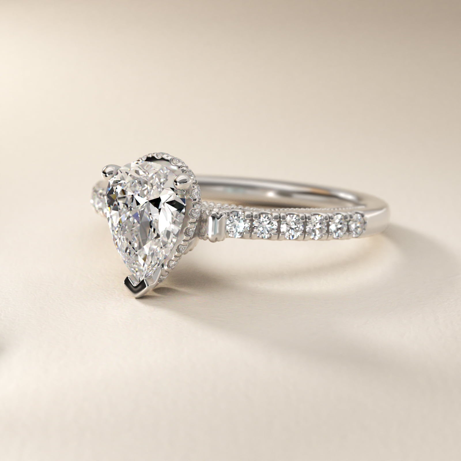 Lace Bridge Hidden Halo and Pave Diamond Engagement Ring in 18k White Gold (1/3 ct. tw.) - Pear Center
