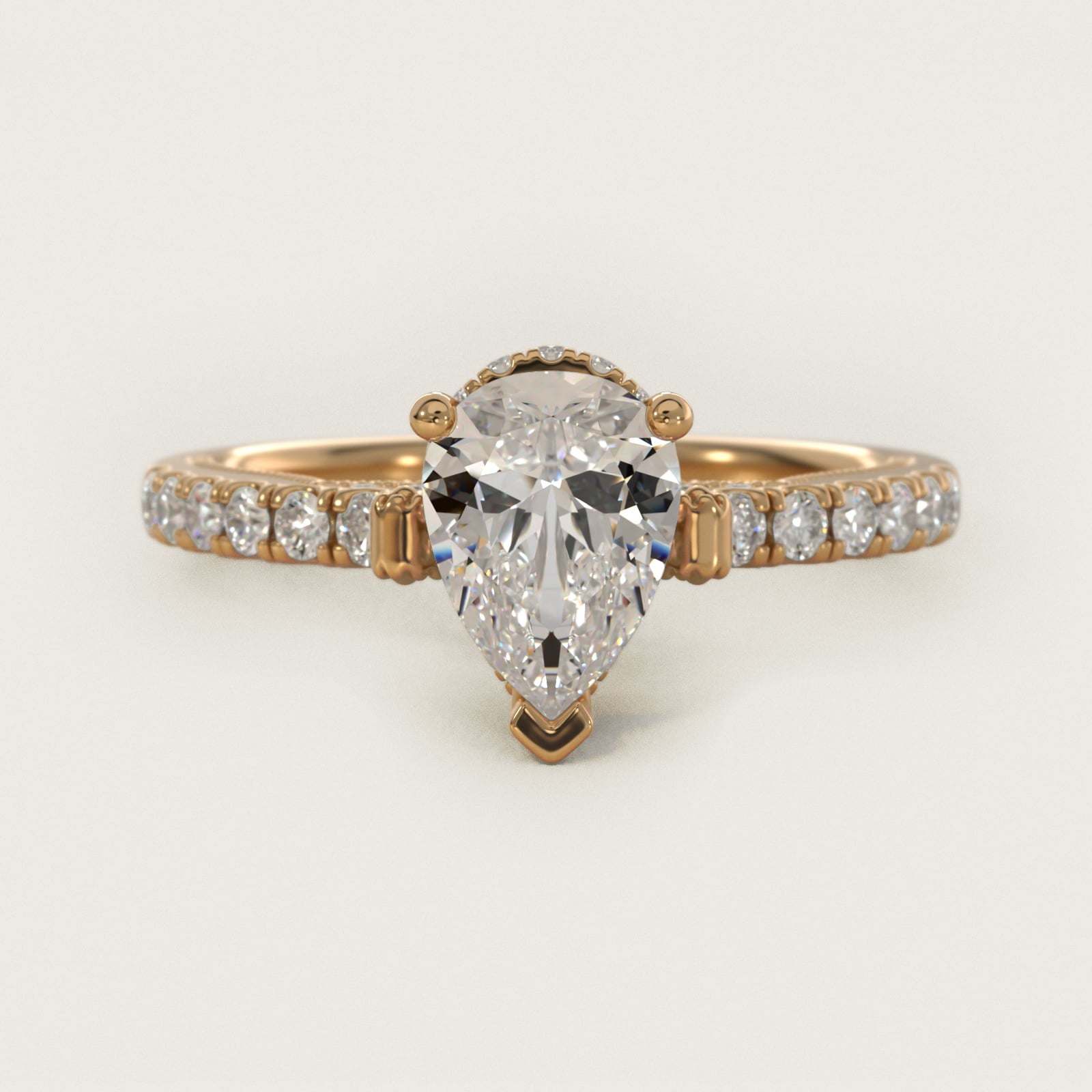 Lace Bridge Hidden Halo and Pave Diamond Engagement Ring in 14k Yellow Gold (1/3 ct. tw.) - Pear Center