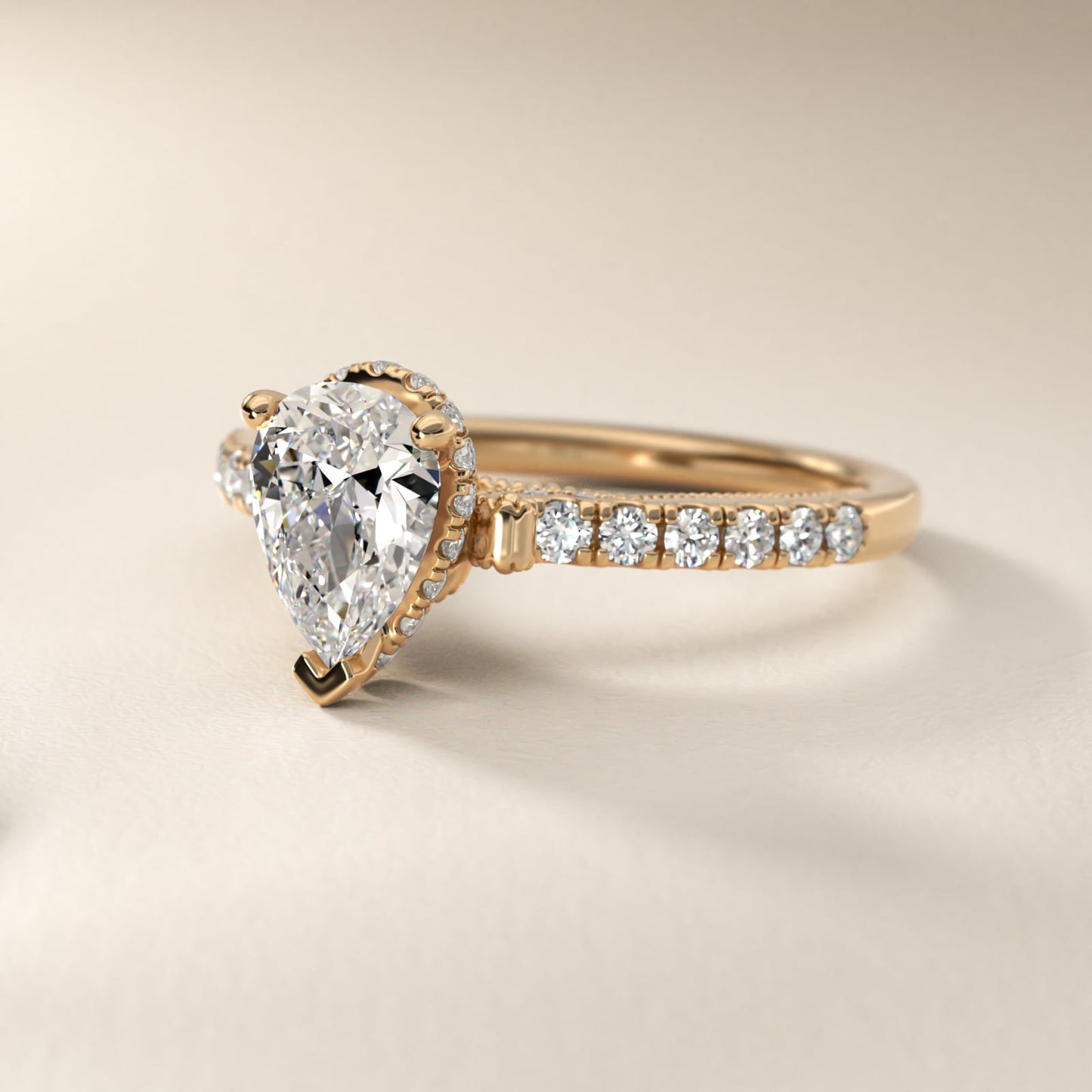 Lace Bridge Hidden Halo and Pave Diamond Engagement Ring in 14k Yellow Gold (1/3 ct. tw.) - Pear Center